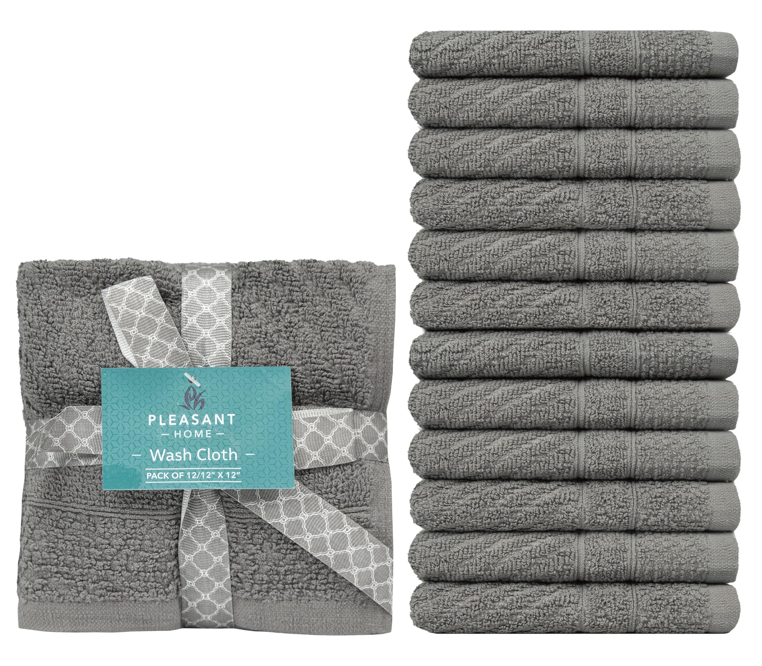 PH Pleasant Home Diagonal Wash Cloths Set - 12 Pack (12” x 12”) – 509 GSM - 100% Ring Spun Cotton Wash Cloth - Super Soft and Highly Absorbent Face Towels (Dark Grey)