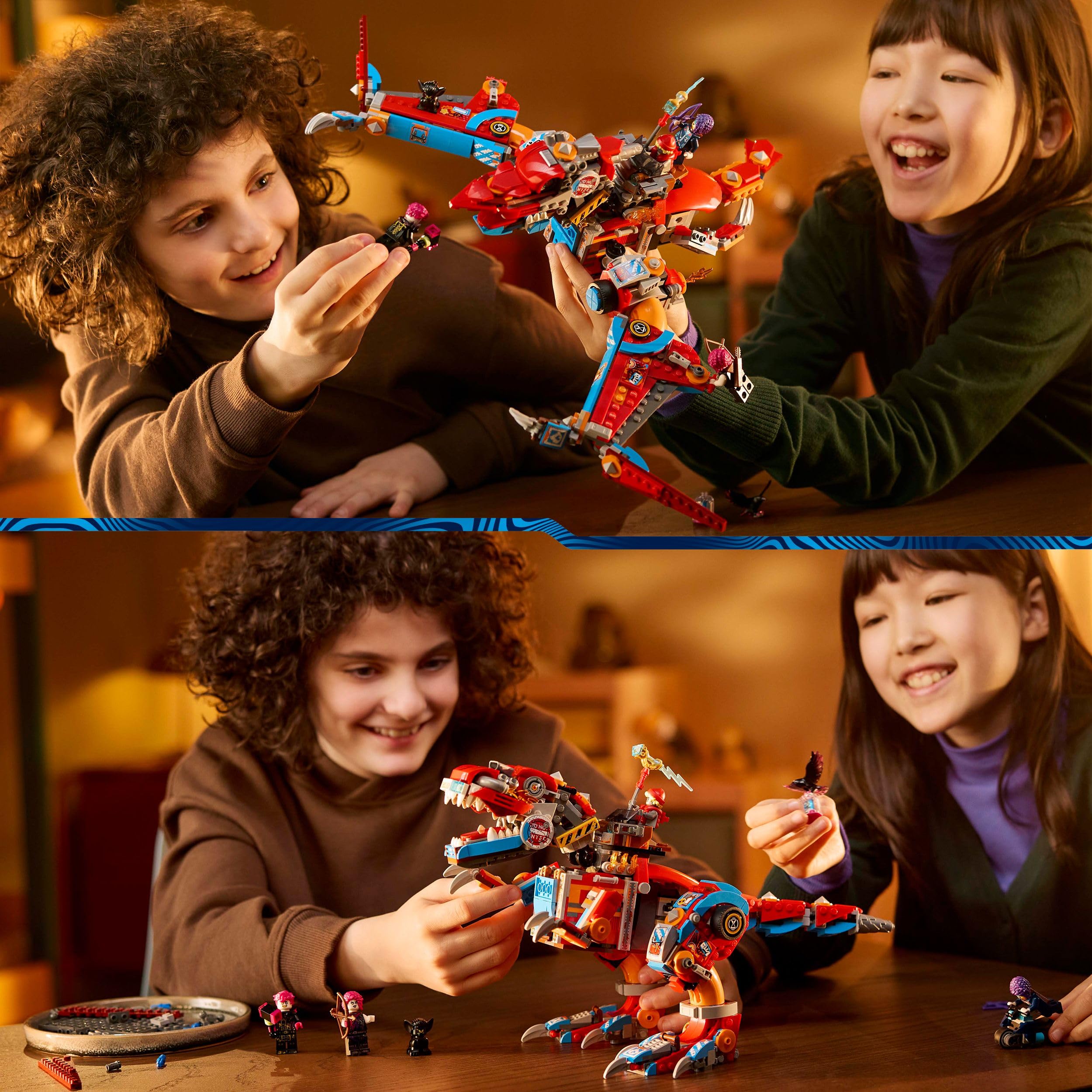 LEGO DREAMZzz 2 in 1 Dinosauro Robot C-Rex di Cooper, Action Figure di T.Rex Giocattolo Trasformabile in Pterodattilo con Parti Snodabili e 4 Minifigure, Giochi Creativi per Bambini e Bambine 71484