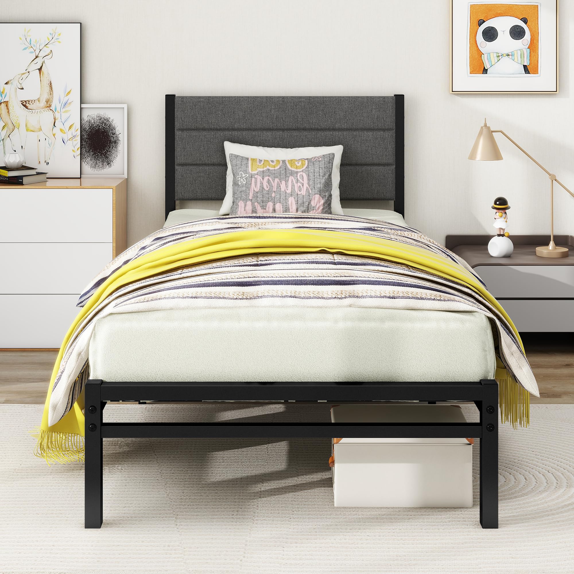 Single Bed Frame with Storage and Upholstered Headboard, Heavy Duty Platform Single Bed Frames with Metal Slat Support, No Box Spring Needed &Easy Assembly, Gray Single Bed
