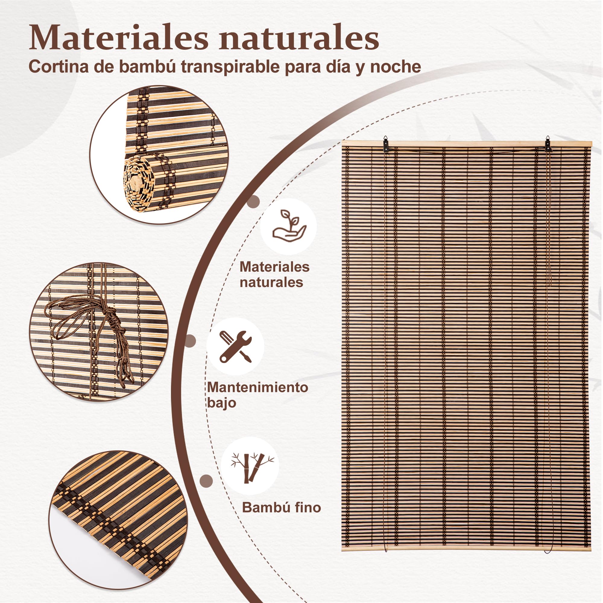 Estor de Bambú Enrollable para Interiores, Cortina Persiana de Madera, Protección Solar y Privacidad, para Ventana y Puerta 80x160 cm