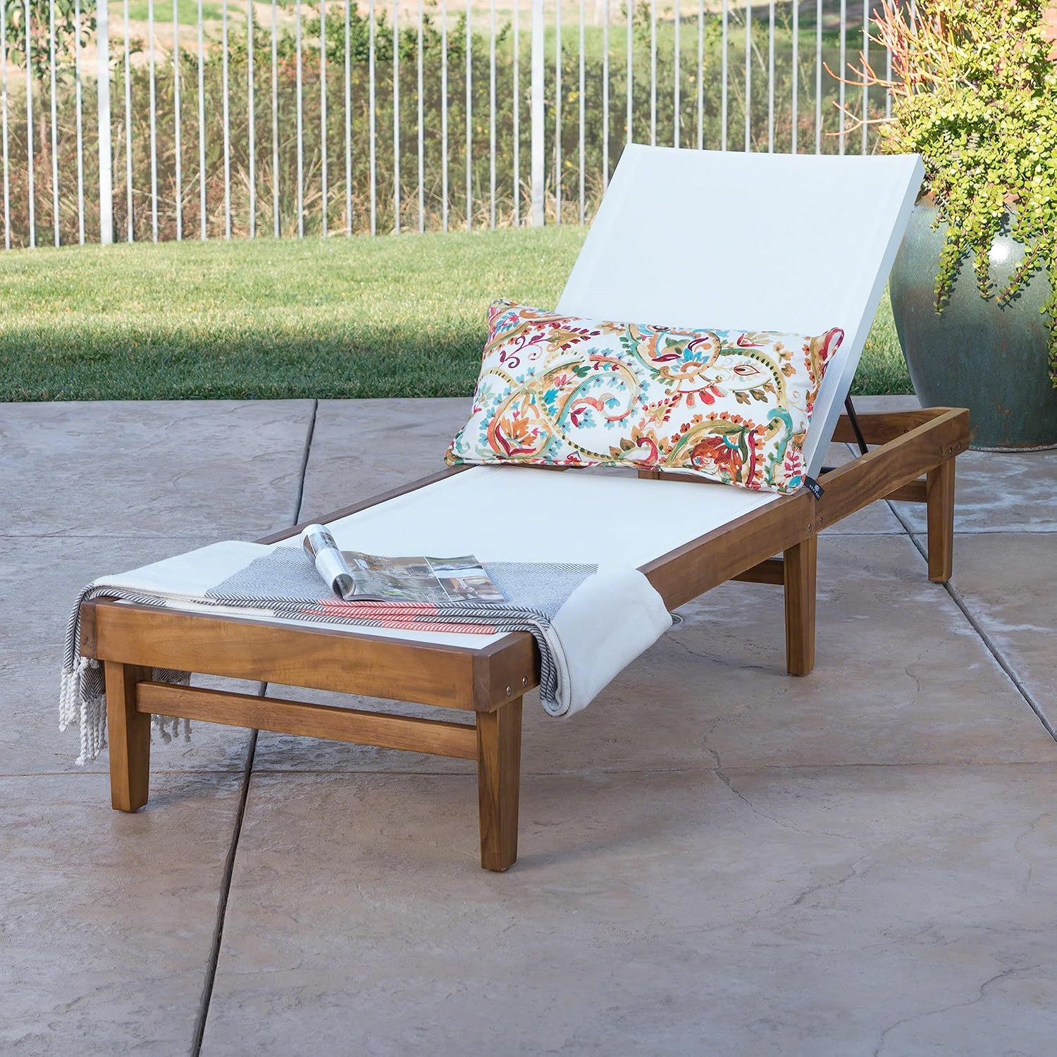 Christopher Knight Home Summerland Outdoor Mesh Chaise Lounge with Acacia Wood Frame, Teak Finish/White Mesh & Hilton Outdoor Acacia Wood Folding Side Table, Teak Finish