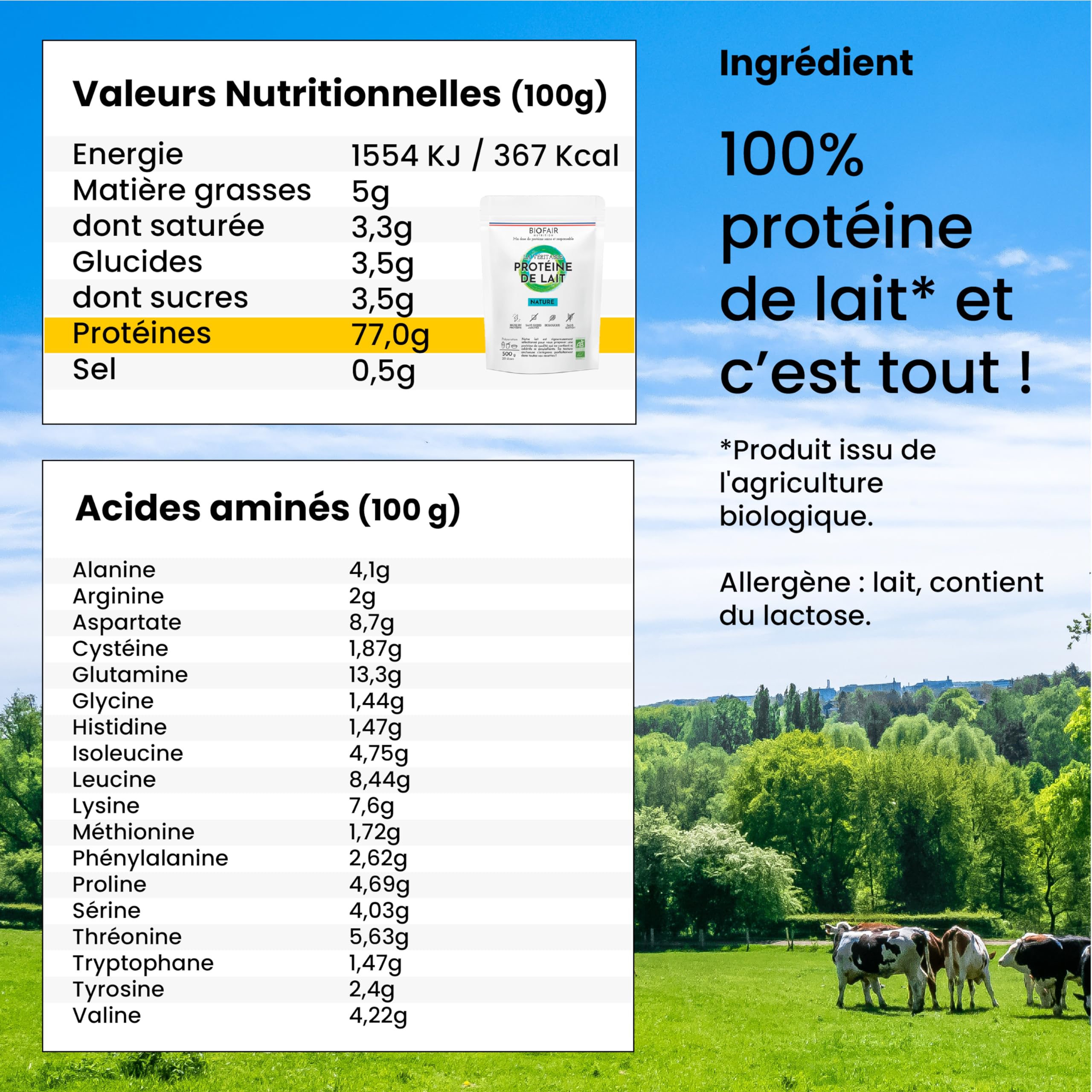 Proteinas Whey Orgánica - Paquete de 3 - Saludable, 100% Natural y Procedente de Nuestros Pastos Franceses - Sabor Natural y Neutro - 1500 Gr