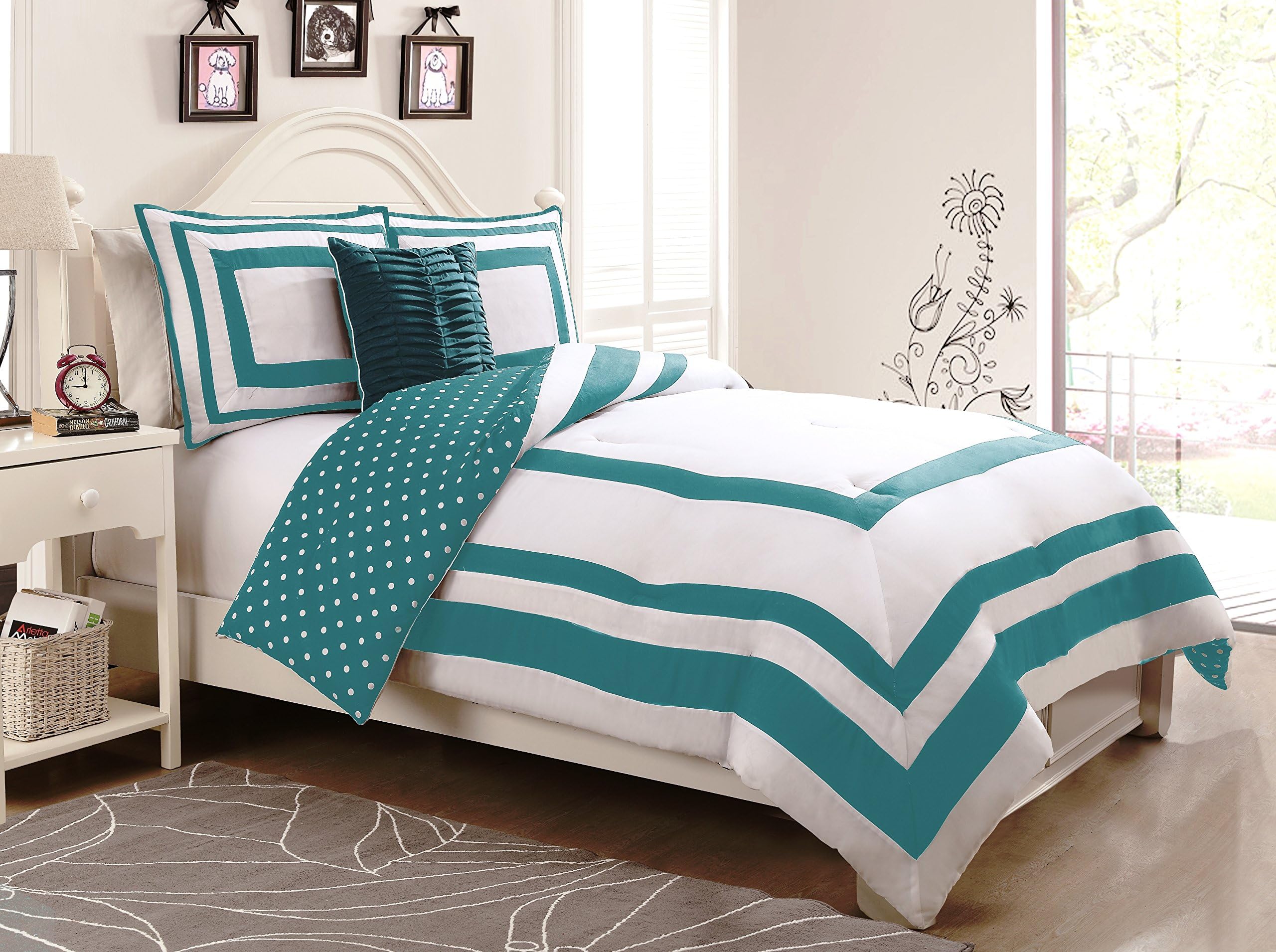 Geneva Home Fashion 4-Piece Hotel Juvenile Reversible Polka Dot Comforter Set, Full, Turquoise