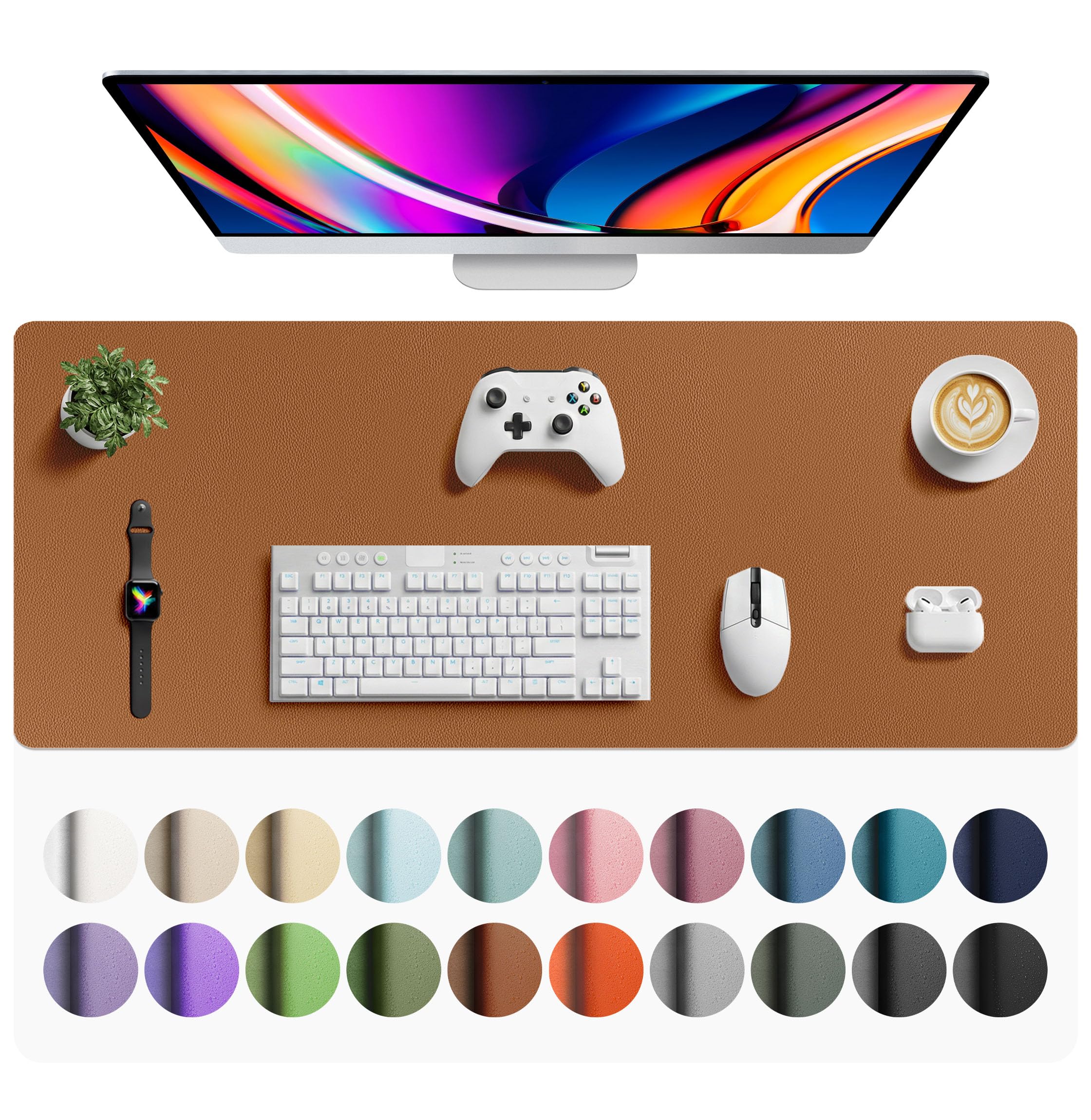 Aothia Faux Leather Desk Mat - Large Mouse Pad, Non-Slip PU Leather Blotter, Waterproof Writing Surface for Office and Home (Brown, 42" x 17")