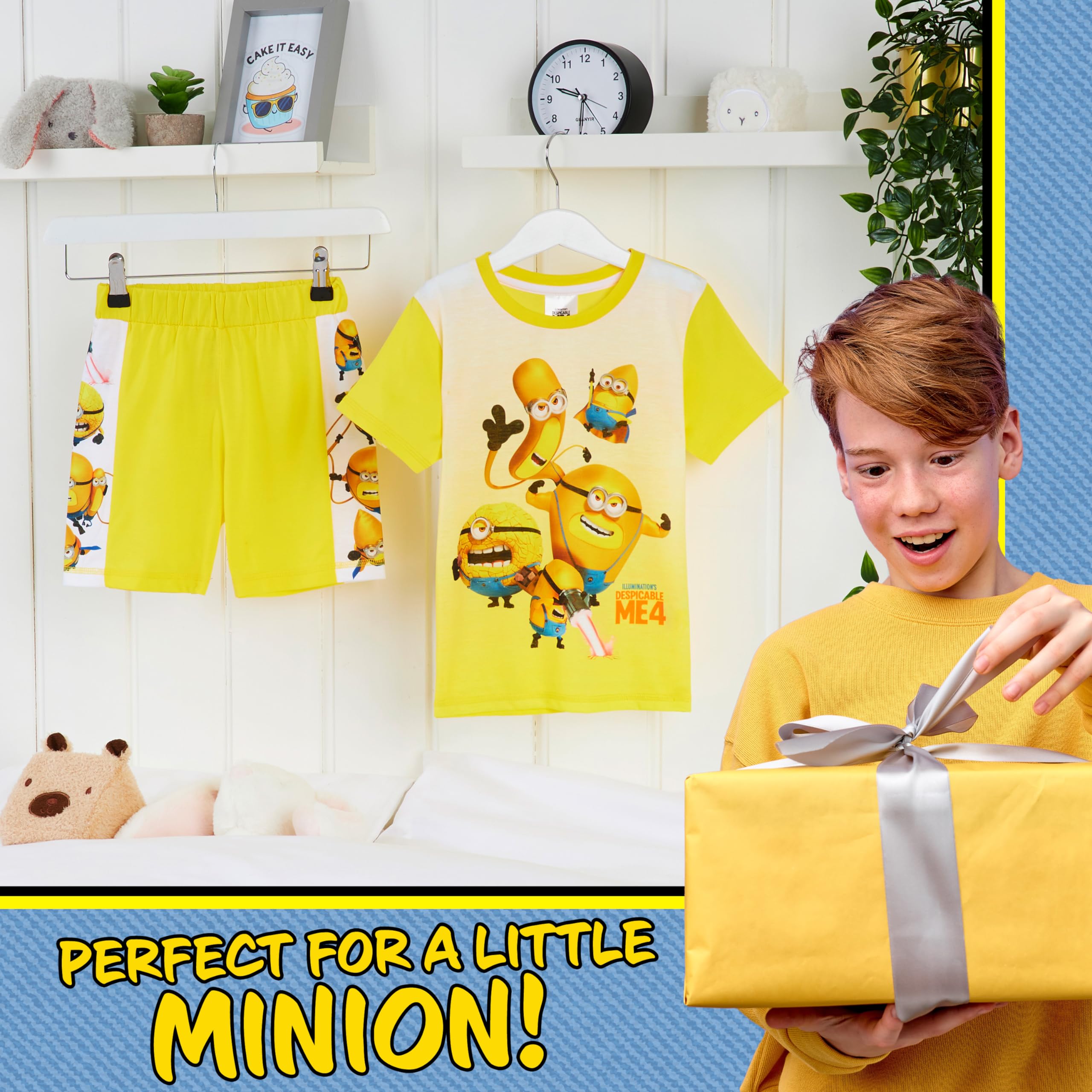 Minions Transpirable Pijama Niño Corto, Set de 2 Piezas - Regalo para Niños (Azul/Mostaza, 4-5 Años)