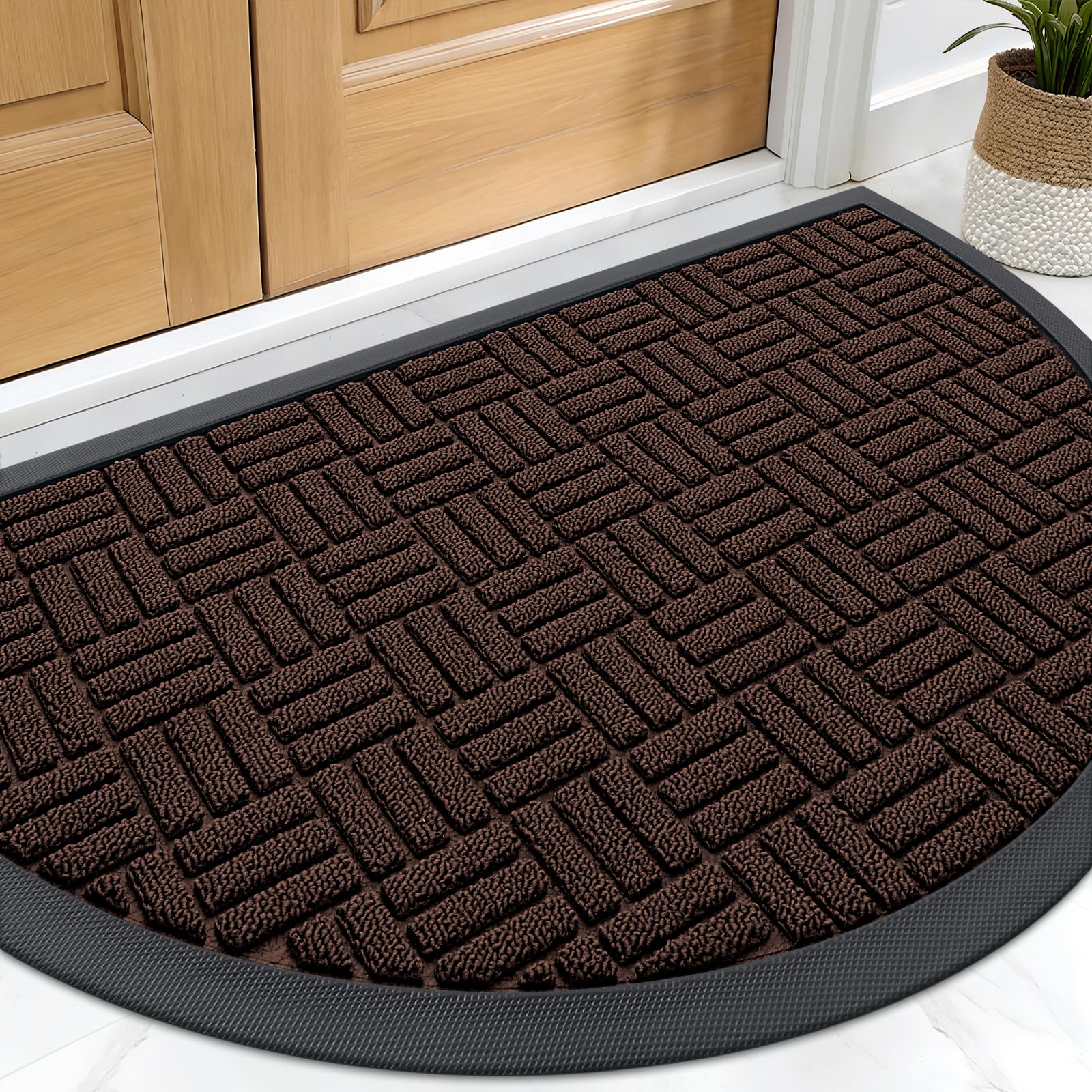 OLANLY Half-Circle Front Door Mat 29.5x17, Heavy-Duty Rubber Doormat | Brown, Absorbent, Stain and Fade Resistant, Non-Slip Backing, Low-Profile Indoor Outdoor Floor Mat for Entrance and Entryway