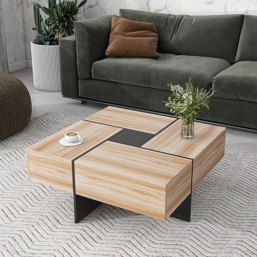 Merax Mesa auxiliar, moderna mesa de centro extensible con 4 compartimentos de almacenamiento ocultos, mesa de cóctel central cuadrada de alto