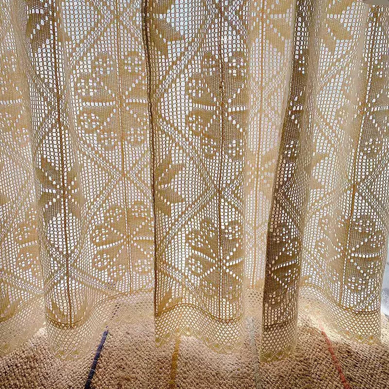 Rideau Transparent en Dentelle Bohème, Rideaux de Fenêtre en Coton Et Lin avec Passe-Tringle, Rideau à Motif Géométrique Rustique Beige avec Pompon pour Salon, Chambre à Coucher, 1 Panneau