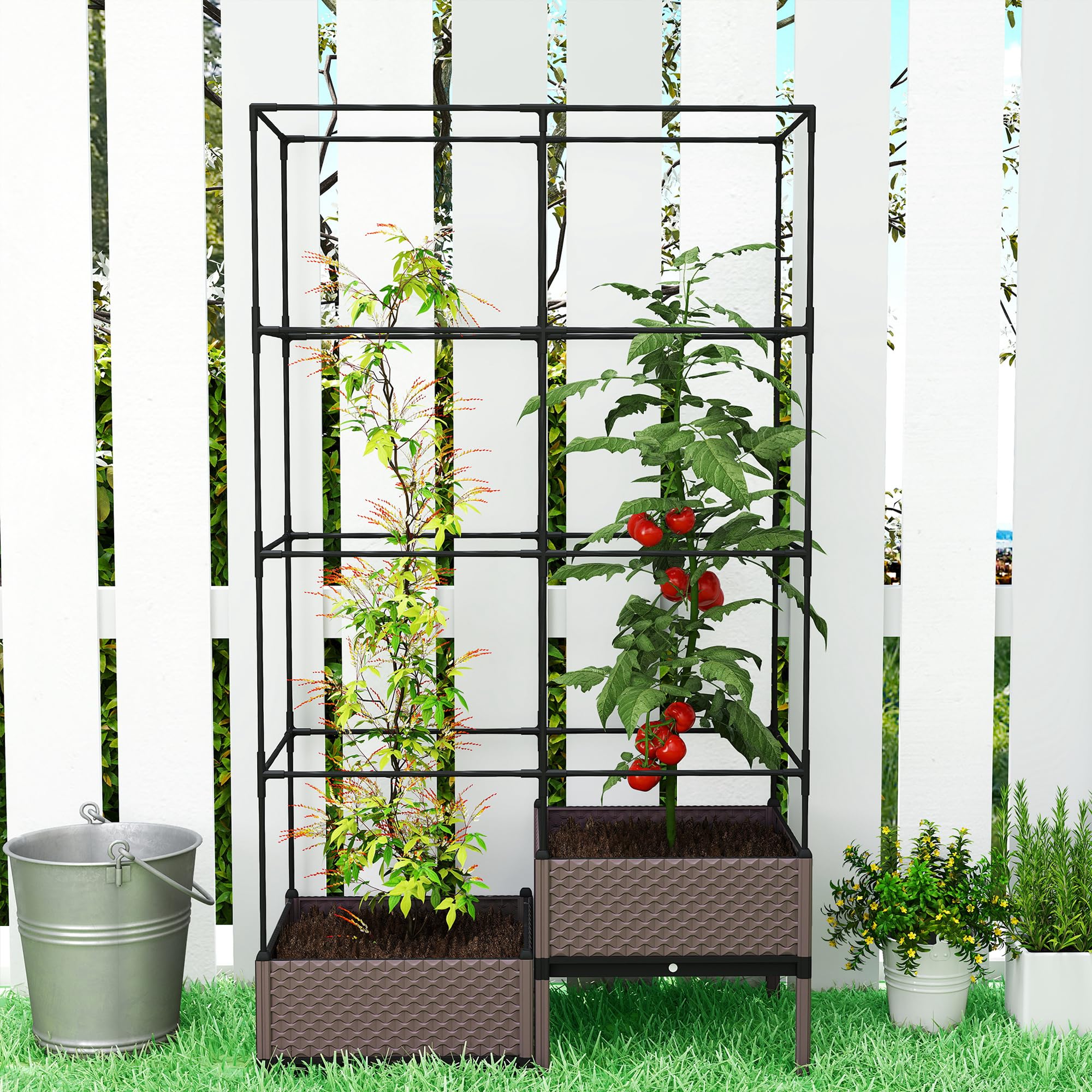 Outsunny Jardinera con Enrejado Metálico, Jardinera Exterior Grande para Plantas Trepadoras, 2 Macetas de PP con Orificios de Drenaje, Tapones, Macetero Elevado para Jardín Patio, 100x50x174 cm, Negro