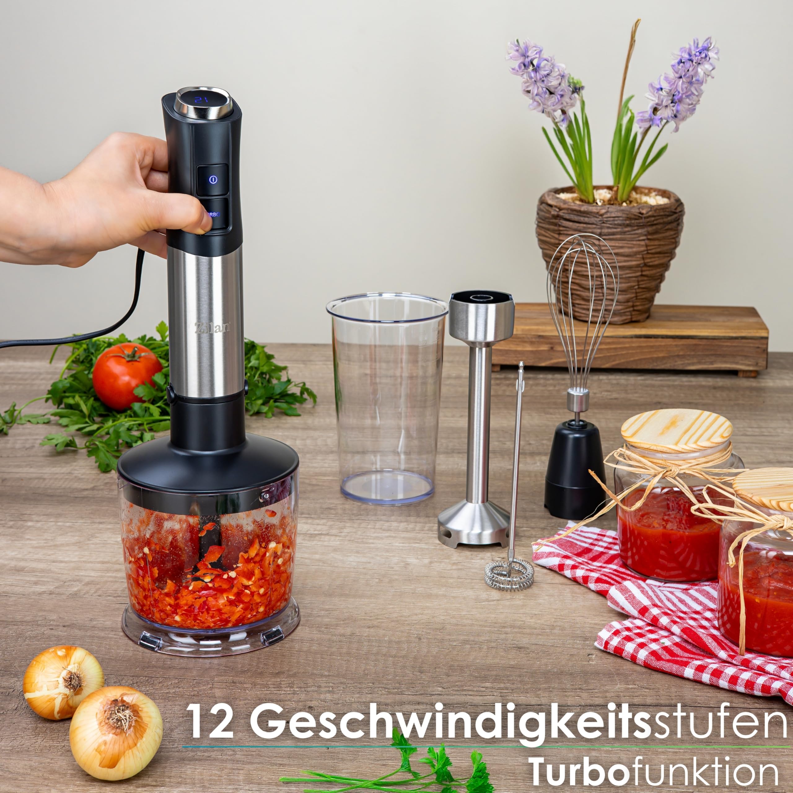 Zestaw blendera ręcznego 5 w 1, 1200 W, rozdrabniacz, trzepaczka, spieniacz do mleka, kubek z miarką, wydajny mikser ręczny, rozdrabniacz, 12 prędkości Turbo do przecierania najtwardszych składników