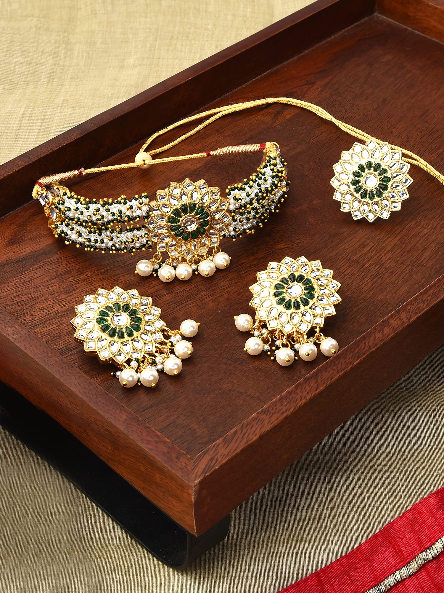 Women's Clustered Kundan Choker Necklace Earring & Ring Set, Gift