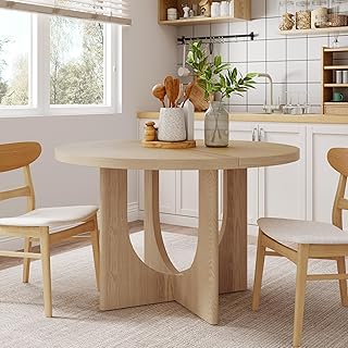 Christopher Knight Home Guma 48" Round Dining Table for 4, Compact MDF Kitchen Table with Pedestal Base, Circle Farmhouse Dinner Furniture for Dining Room, Kitchen, Living Room, Natural