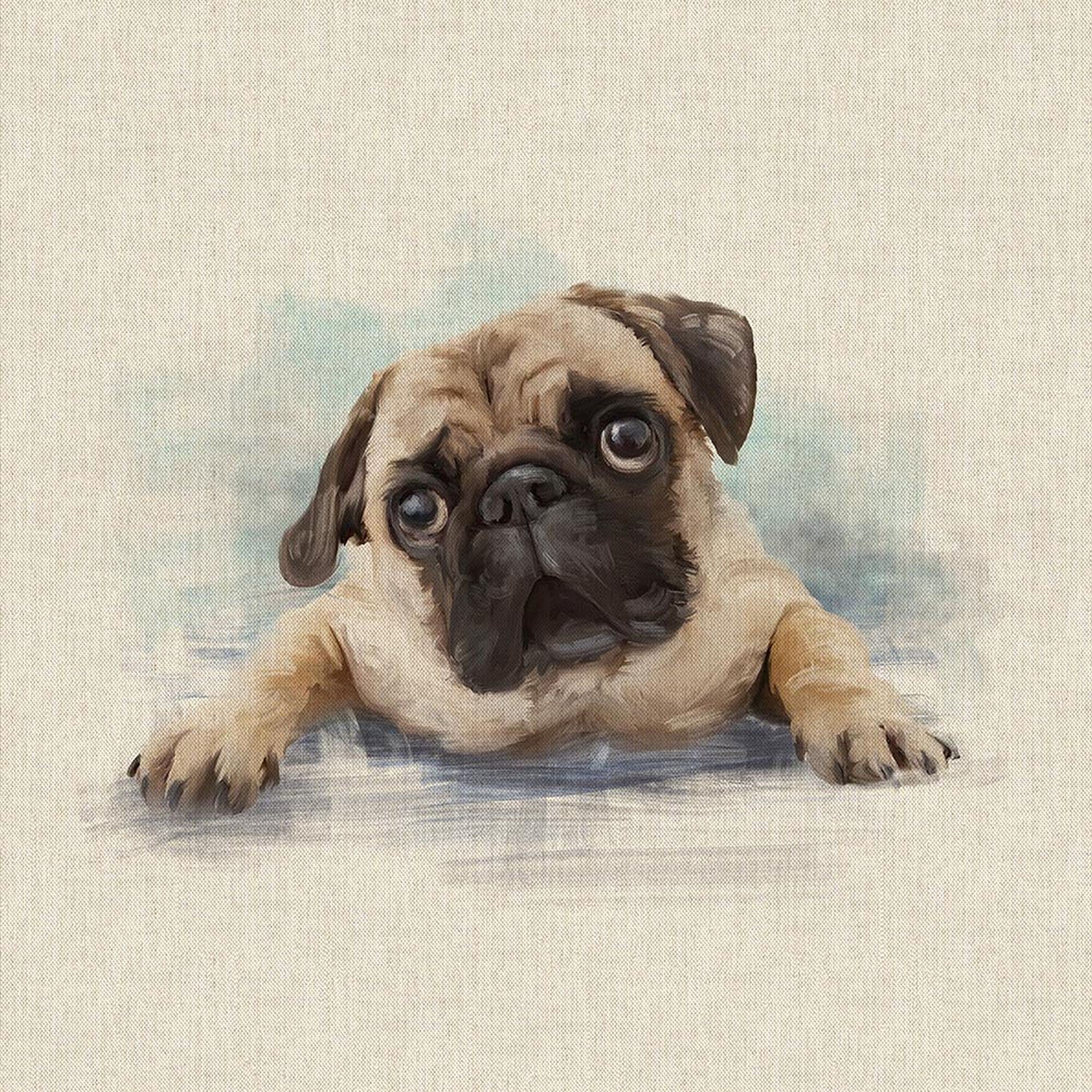 Watercolour Animals Digital Print Design Cotton Rich Linen Look Fabric for Bunting Blinds Craft Quilting Patchwork & Upholstery | Sold Per Panel (Pug)