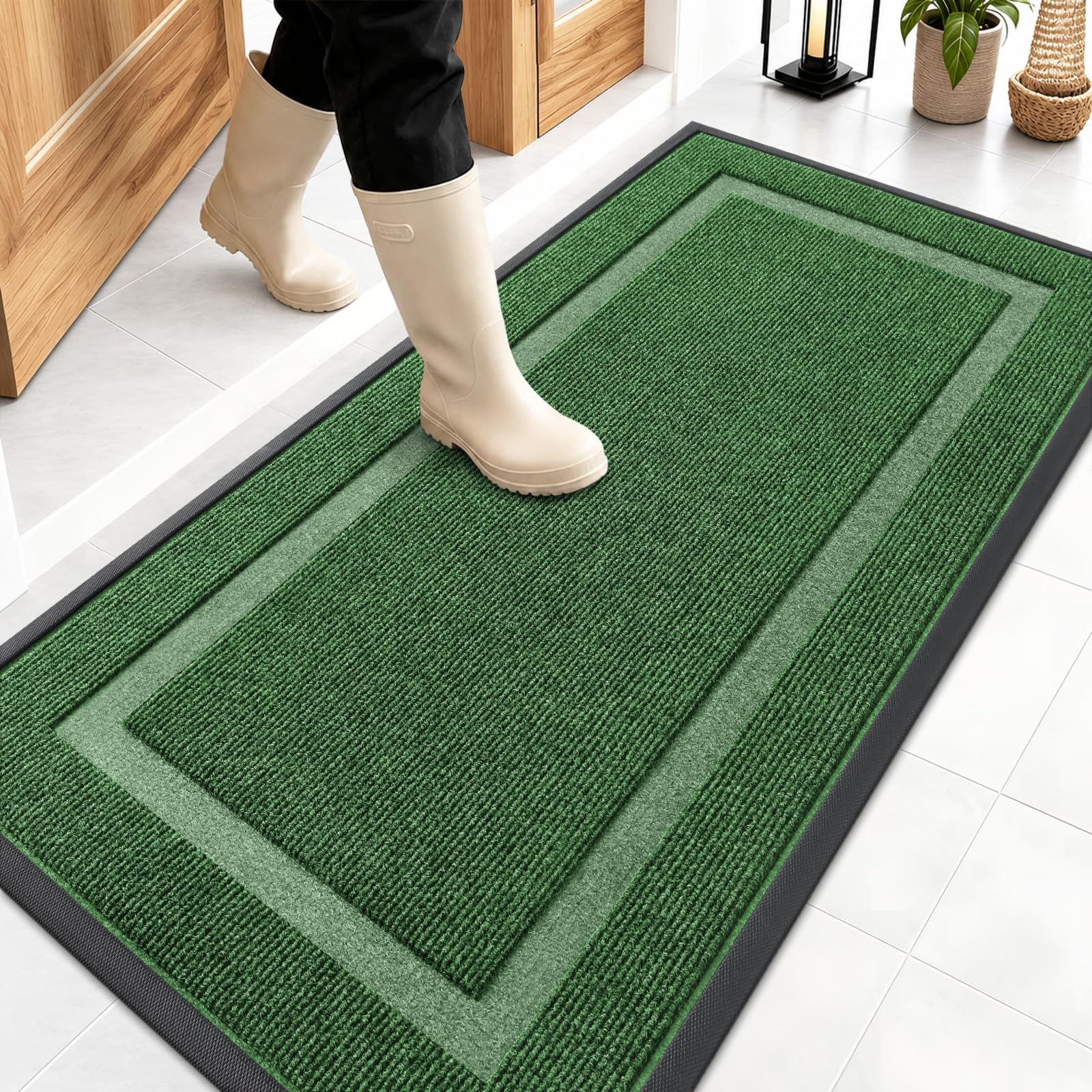 OLANLY Front Door Mat Outside 47x23, All-Season Heavy-Duty Rubber Doormat | Green, Absorbent, Stain and Fade Resistant, Waterproof Non-Slip Backing, Low-Profile Indoor Outdoor Floor Mat for Entryway