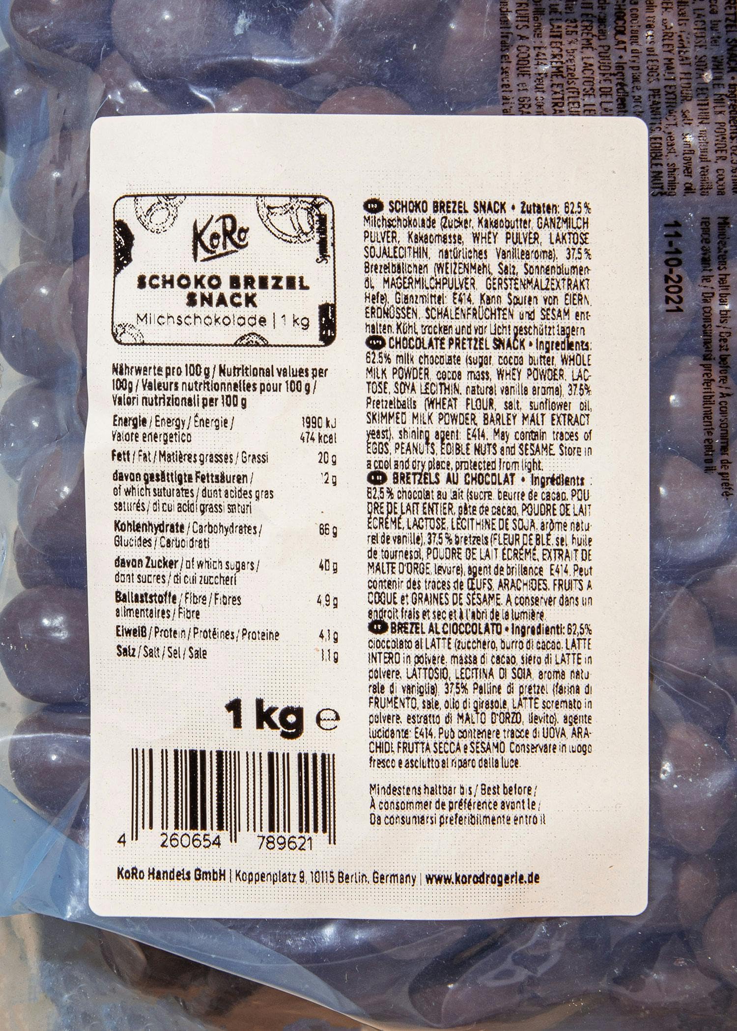 KoRo - Perle di brezel al cioccolato 1 kg - palline di brezel - ricoperte di cioccolato - da condividere
