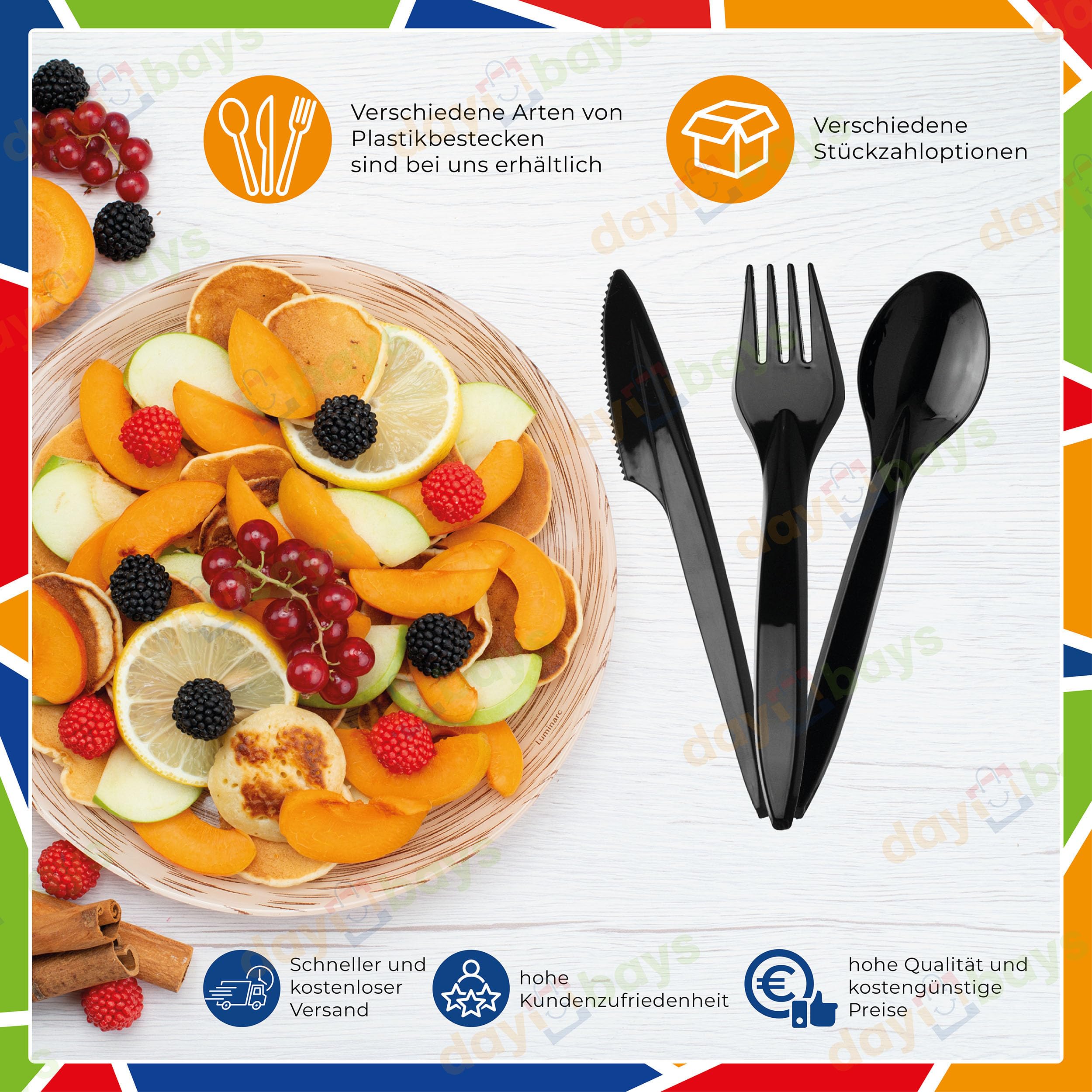 Plastikbesteck Set 1000x Plastikgabel 1000x Plastikmesser 1000x Plastiklöffel Mehrweg Geschirrset Partybesteck Plastikgeschirr Mehrwegbesteck Spülmaschinenbeständig (1000, Schwarz)