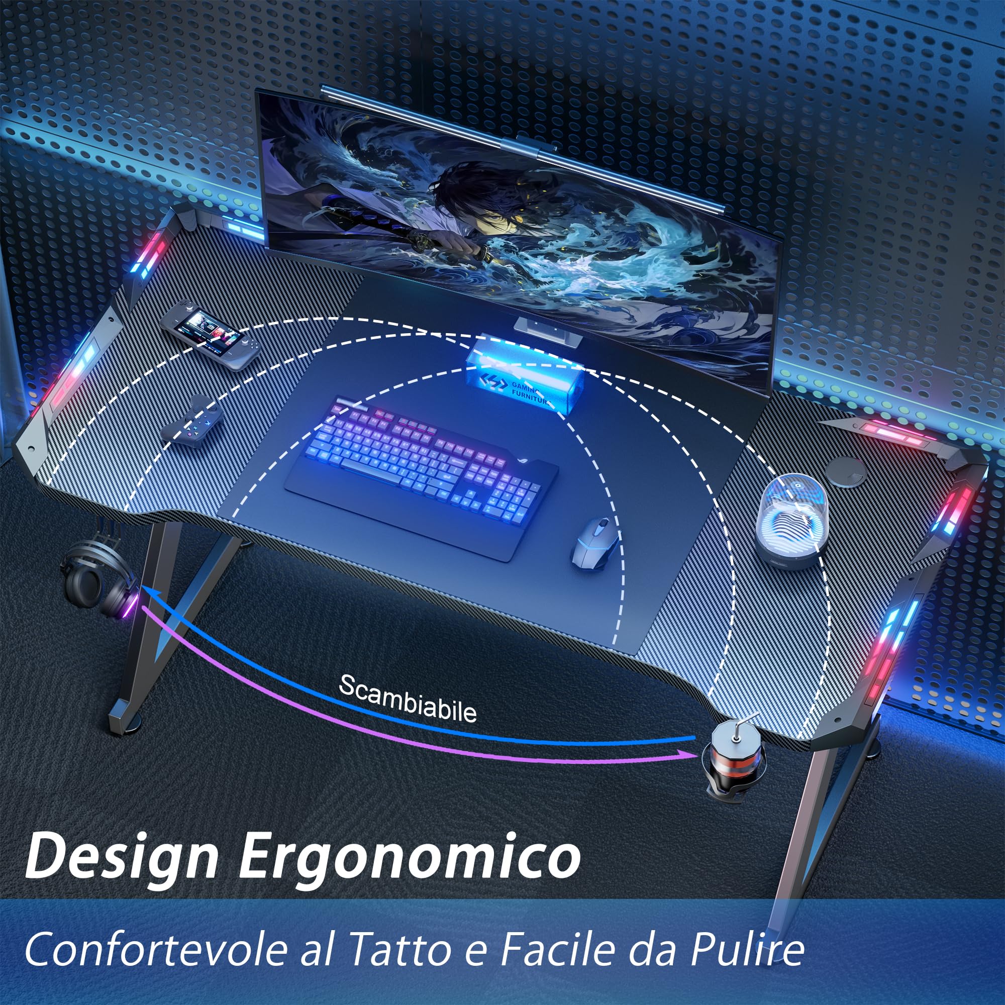 HLONONE 100 x 60 cm Scrivania Gaming LED, Tavolo Gaming Ergonomica, Postazione Gamer con Superficie in Fibra di Carbonio, Scrivania per Computer con Porta Tazza e Gancio per Cuffie, Nero