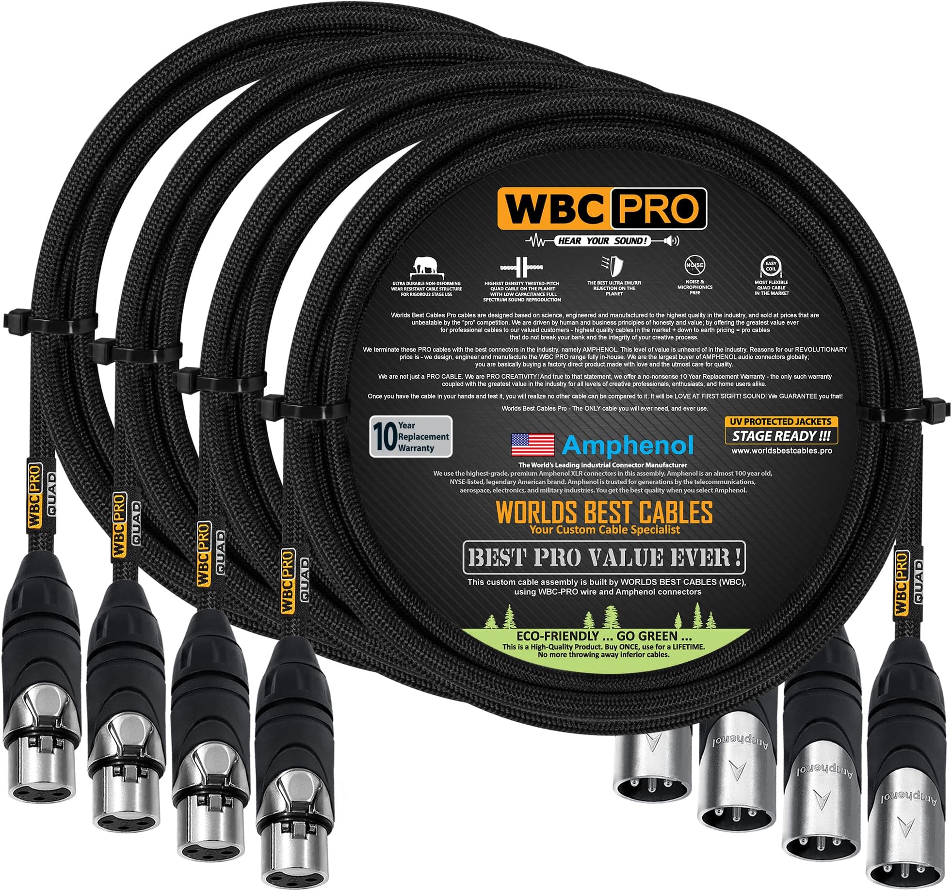 WORLDS BEST CABLES 4 Units - 3 Foot - WBC-PRO-QUAD Ultra-Silent Ultra-Flexible Balanced Star-Quad Microphone with Amphenol Male & Female XLR Plugs & Black Tweed Jacket