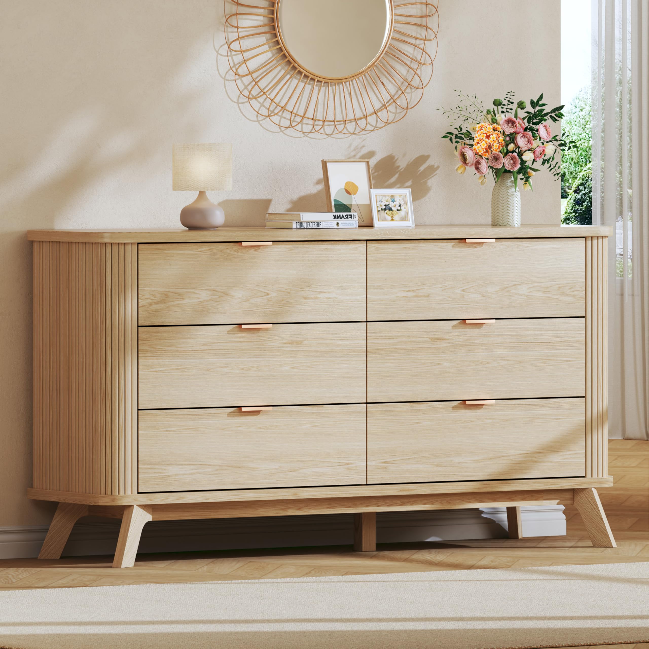 HUAHUU Fluted 6 Drawers Dresser for Bedroom, 55" Mid Century Modern Dresser & Chests of Drawers, Curved Profile Design, Dressers TV Stand, Wood