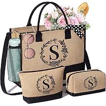 Personalized Gifts for Women Tote Bag, Initial Jute Tote Bag &amp; Makeup Bags Monogrammed Beach Bag w/ Zipper, Birthday Valentines Day Gifts for Women Her Friends Mom Daughter Sister Girlfriend Teacher