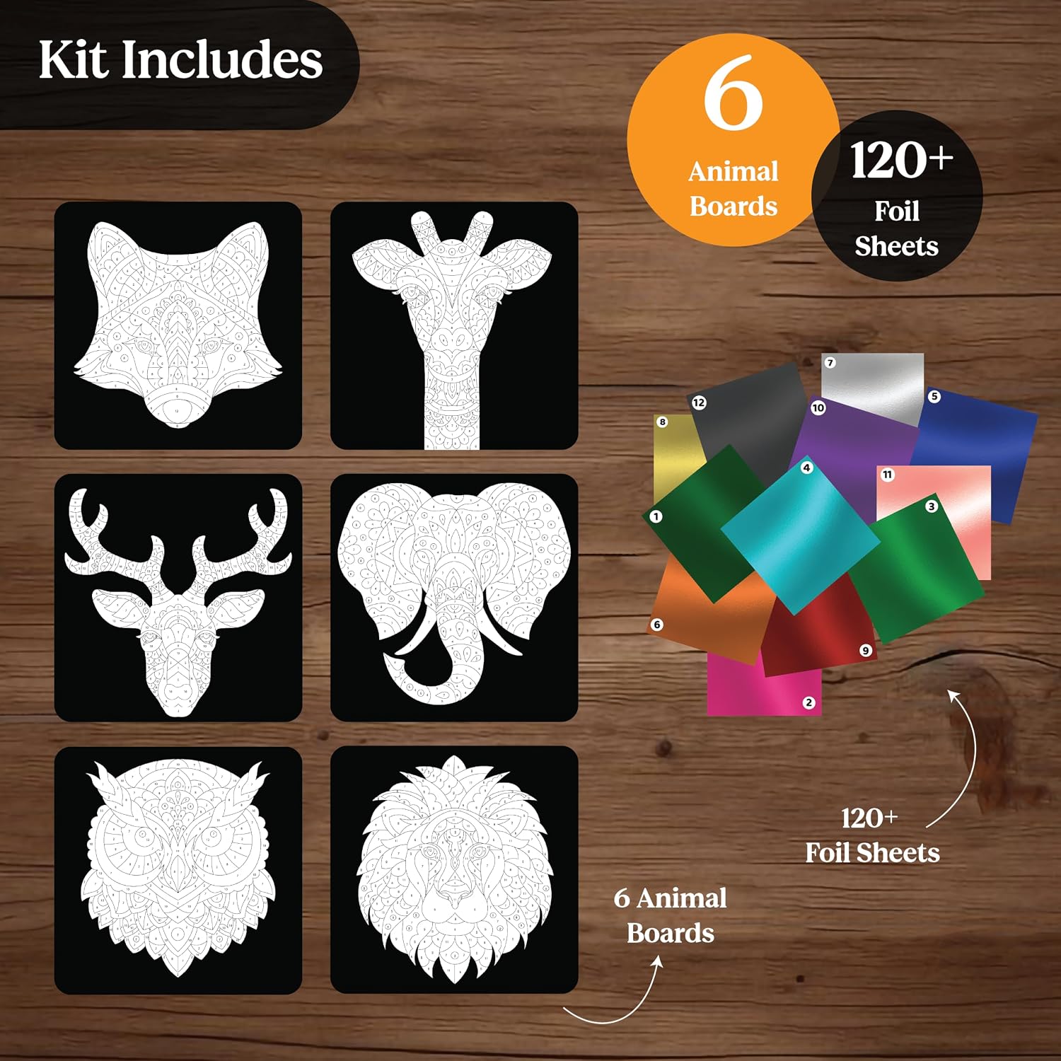 Unwynd Foil Art Kit for Adults - Foil by Number Animals, 120+ Sheets, 6 Designs, Mess Free Crafts Activity, Relaxing Gift for Women Men Hobbyists, DIY Foil Fun Craft Kit