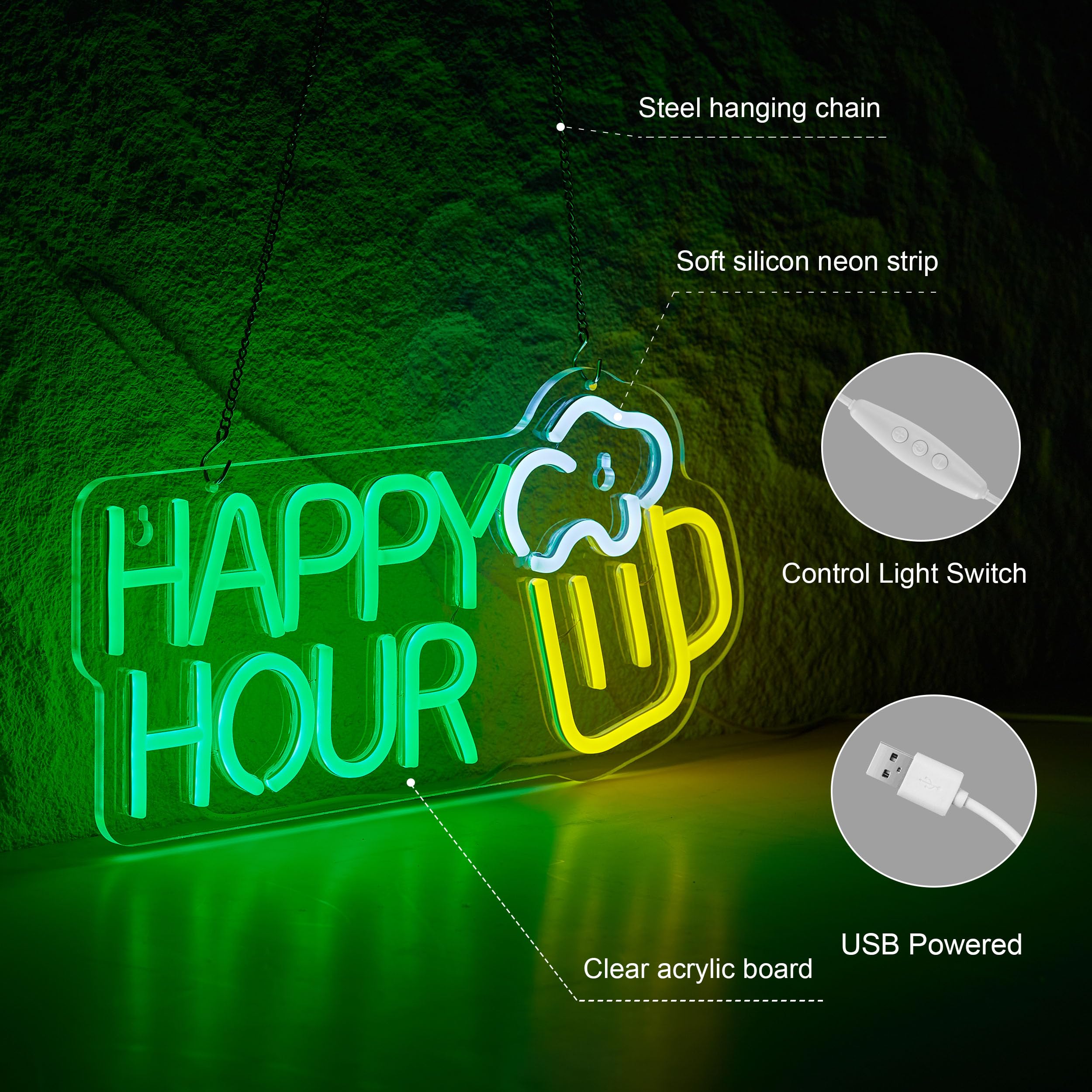Roouneon Panneau néon LED Happy Hour à intensité variable pour bar, club, chambre à coucher, bureau, hôtel, pub, café, mariage, fête d'anniversaire, décoration murale (43,2 x 20,3 cm)