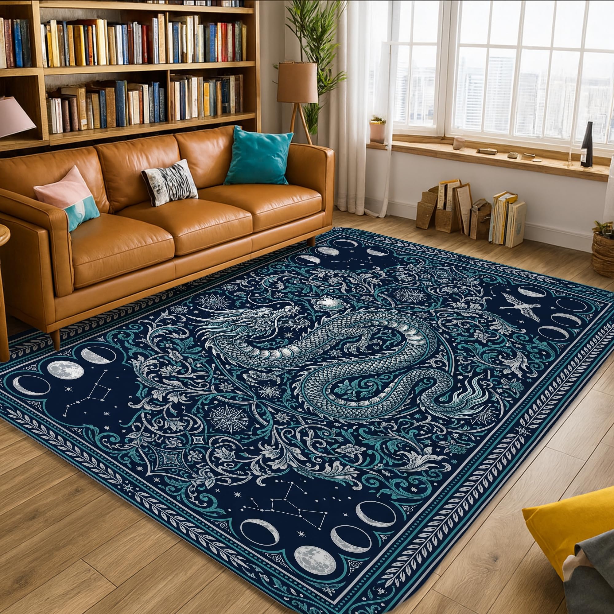Mystischer Teppich mit himmlischen Drachen und Mondphasen, 1,5 x 2,1 m