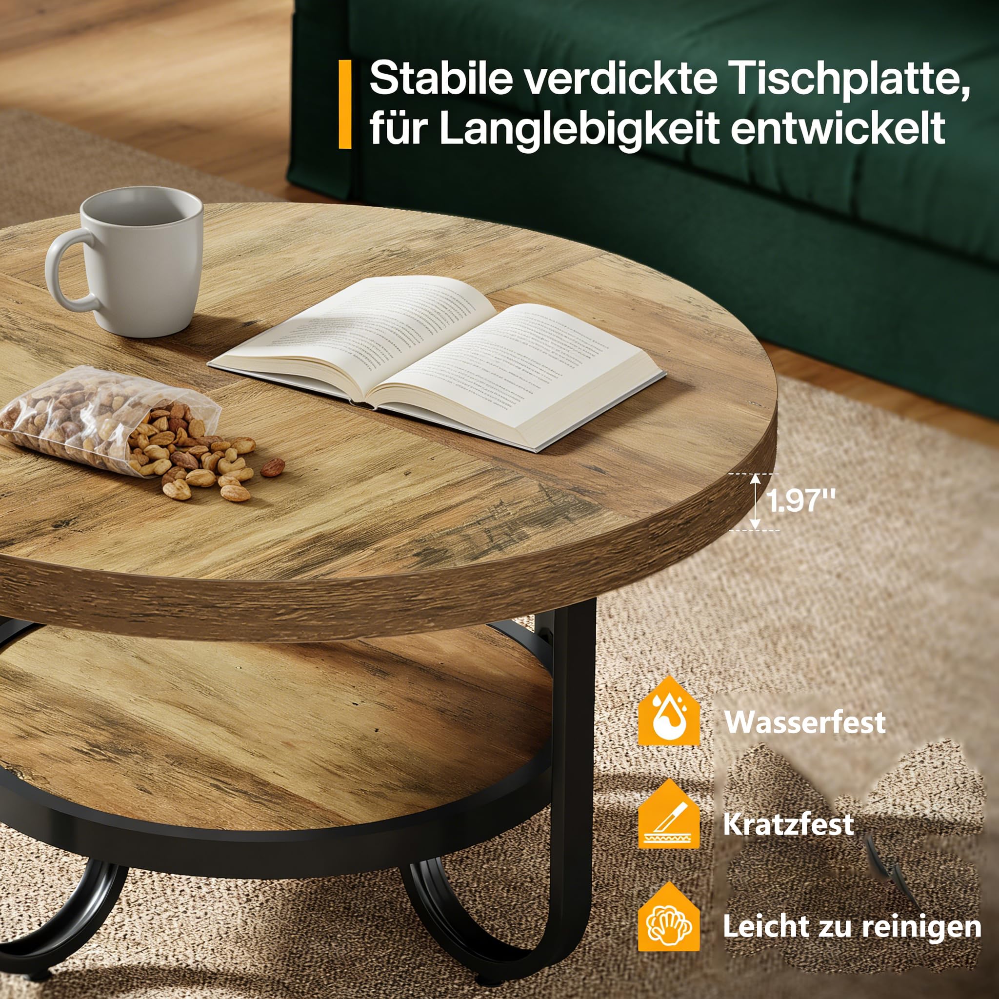 LITTLE TREE Runder Couchtisch Industrial, 2-stöckiger Wohnzimmertisch mit Ablagefach – 79 cm Durchmesser, Braun – Stabiler Sofatisch mit gebogenen Metallbeinen für Home Office & Wohnbereich