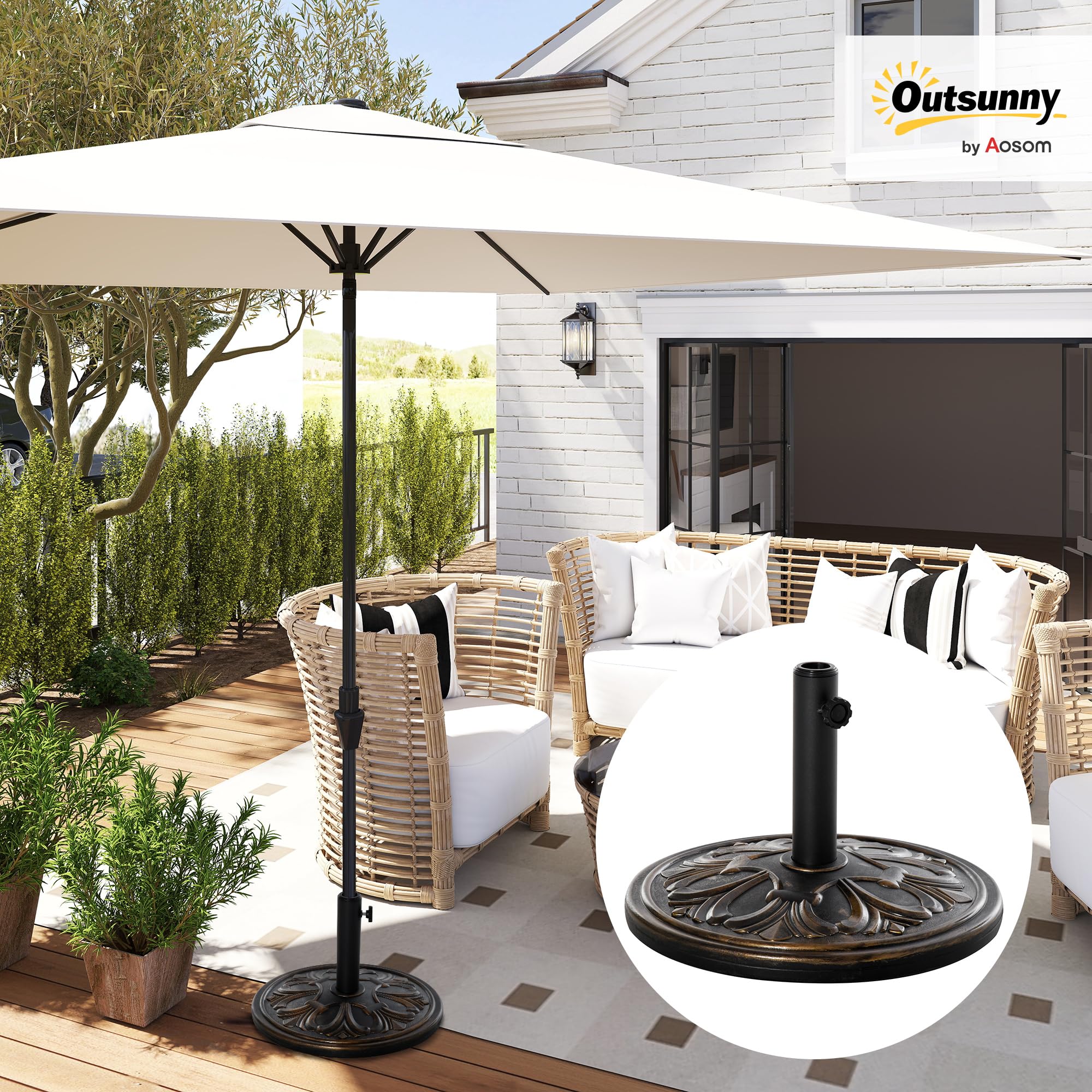 Outsunny Pied de parasol rond base de lestage Ø 48 x 34H cm ciment HDPE motif fleurs de lys poids net 13 Kg noir doré