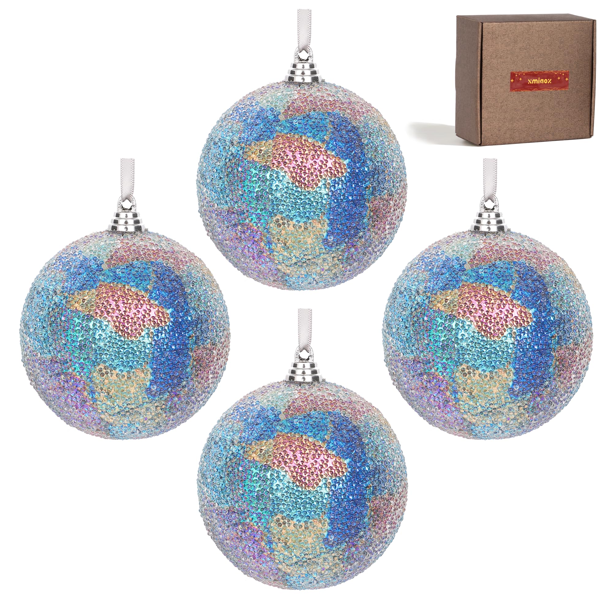 Lot de 4 boules de décoration de sapin de Noël bleues mystiques fabriquées à la main avec mini perles transparentes de 8 cm (bleu mystique)
