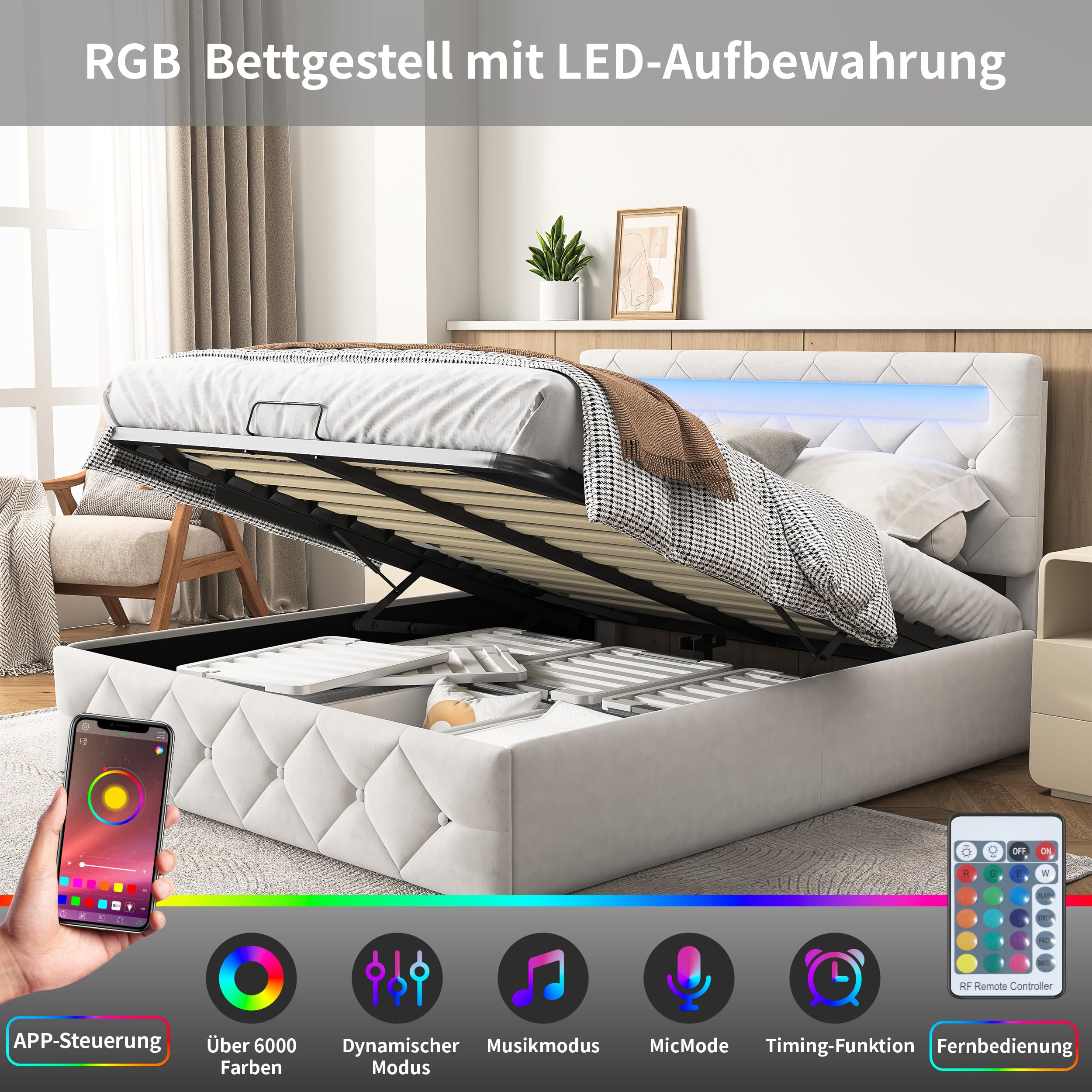 BRILVERDE Letto imbottito 160x200 con Contenitore idraulico, letto matrimoniale con LED, funzionale con testiera, struttura letto con rete a doghe, Velluto (Beige, 160 x 200 cm)