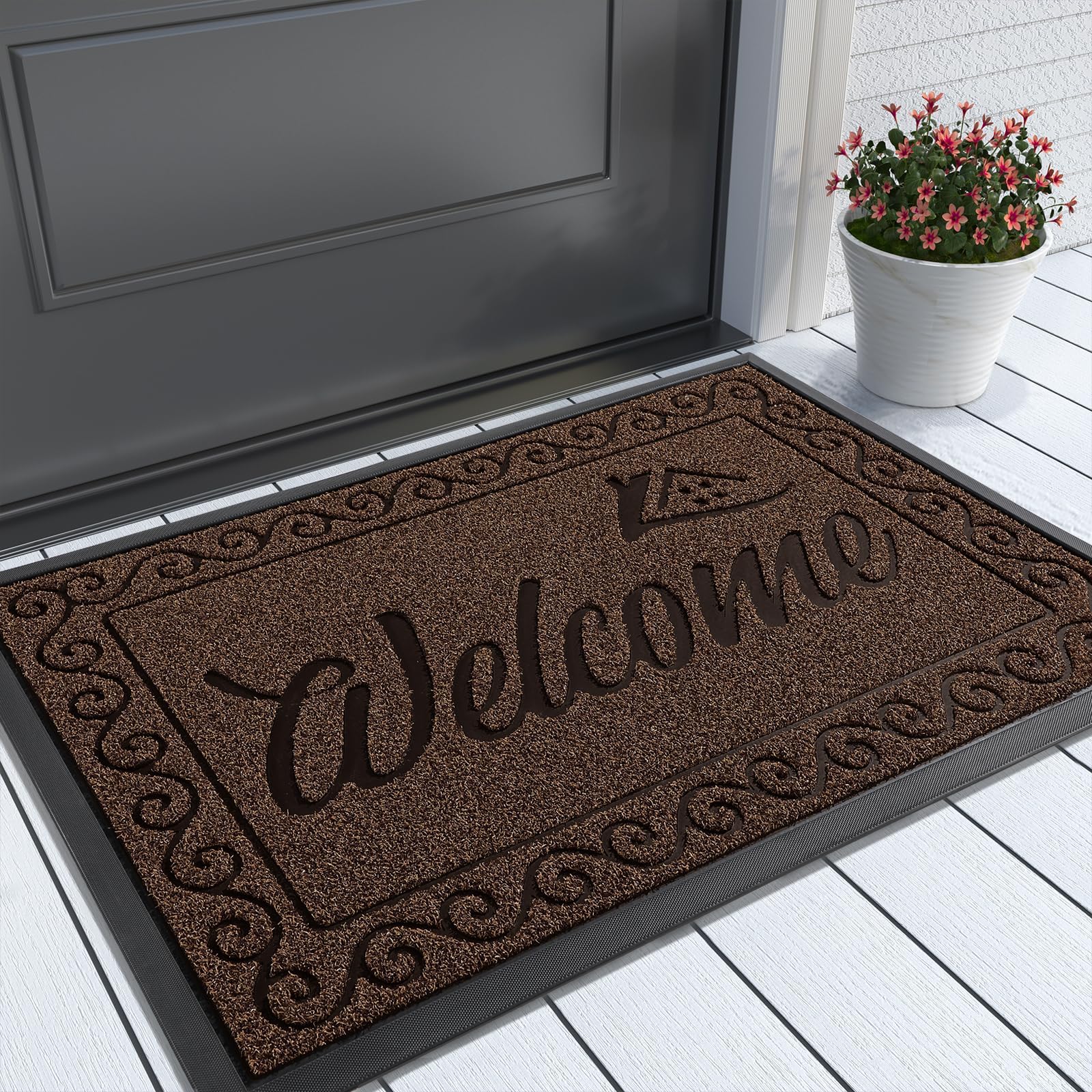 Yimobra Welcome Mat, Heavy Duty Sturdy Door Mats for Home Entrance Outdoor Indoor, Front Doormat for Outside Patio Floor Entry Porch Garage Office, Waterproof, Low Profile, 29.5x17, Coffee