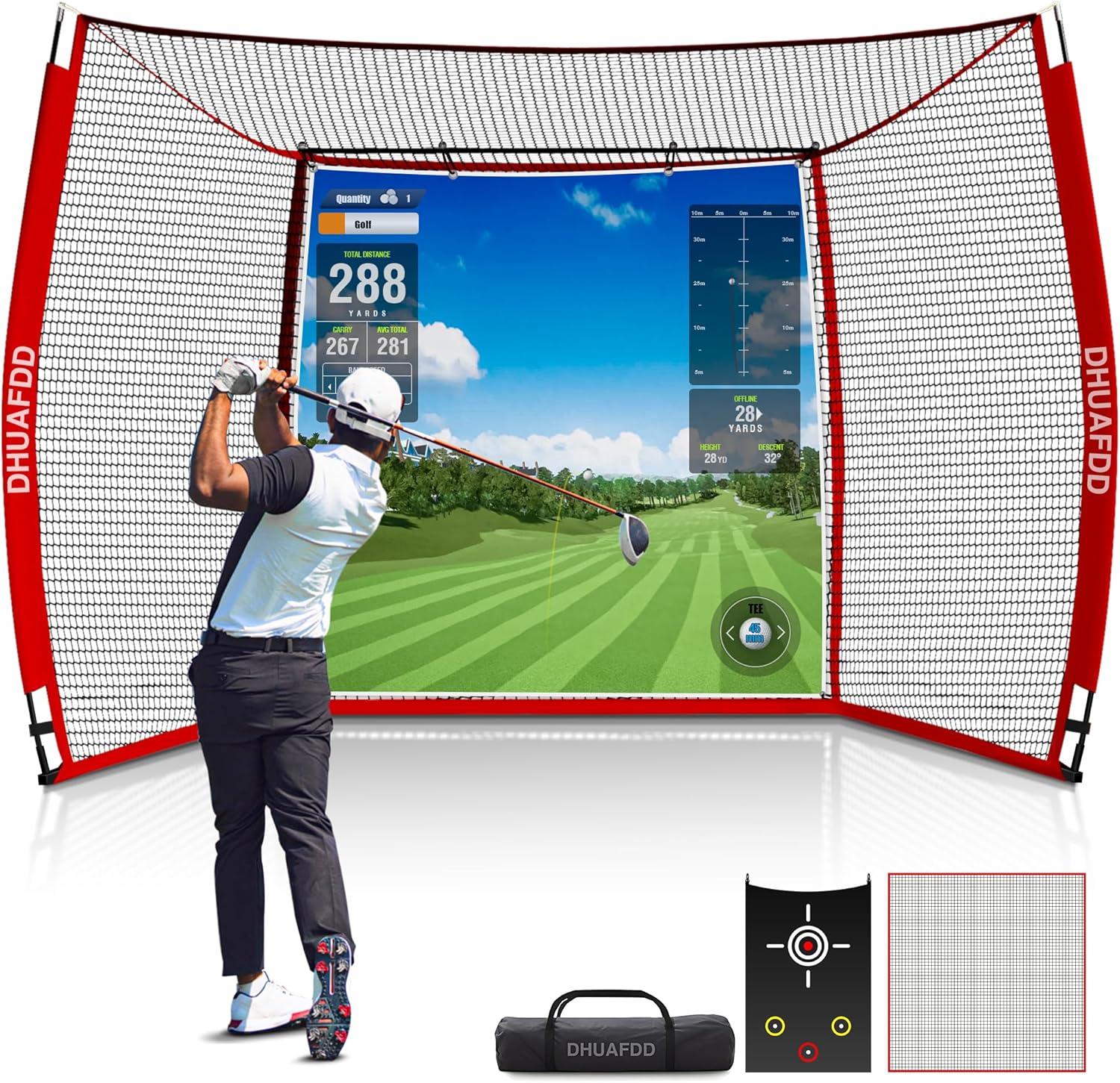 Golf Hitting Net with Impact Screen 10 X 8 ft Golf Net with HD Simulator Screen & Target Cloth for Home Backyard Garage Golf Simulator Cage for Swing Training Indoor Outdoor Use
