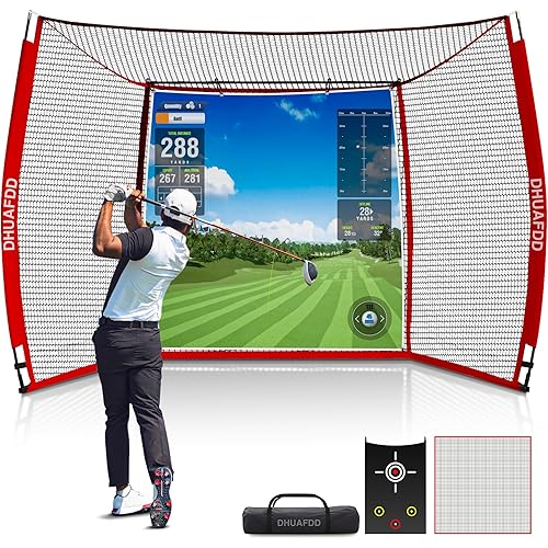Golf Hitting Net with Impact Screen 10 X 8 ft Golf Net with HD Simulator Screen & Target Cloth for Home Backyard Garage Golf Simulator Cage for Swing Training Indoor Outdoor Use