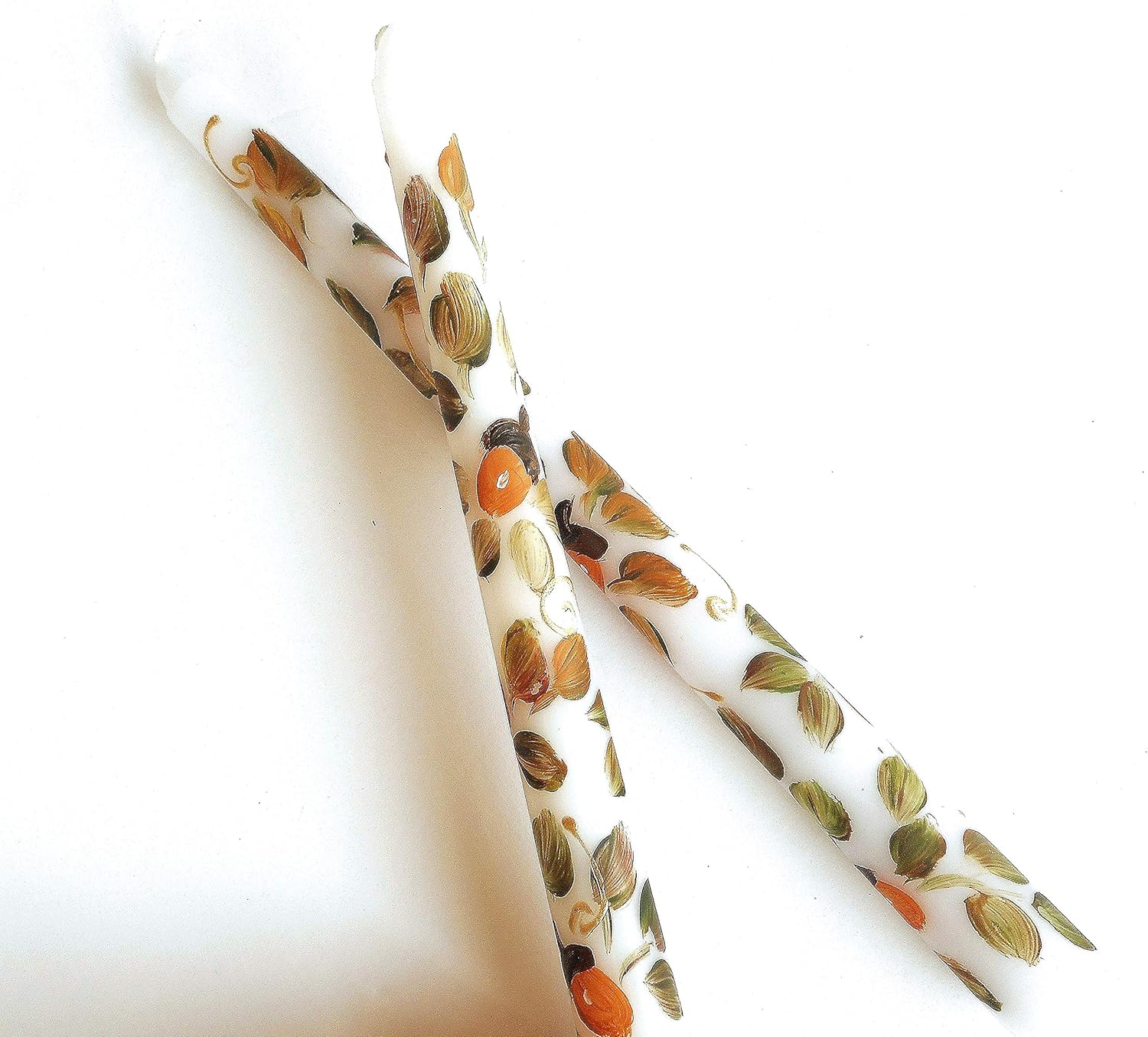 Decorative Artist Hand Painted Taper Candles with Acorns and Fall Leaves Autumn Thanksgiving Original Artisan Handmade Decor Decorations