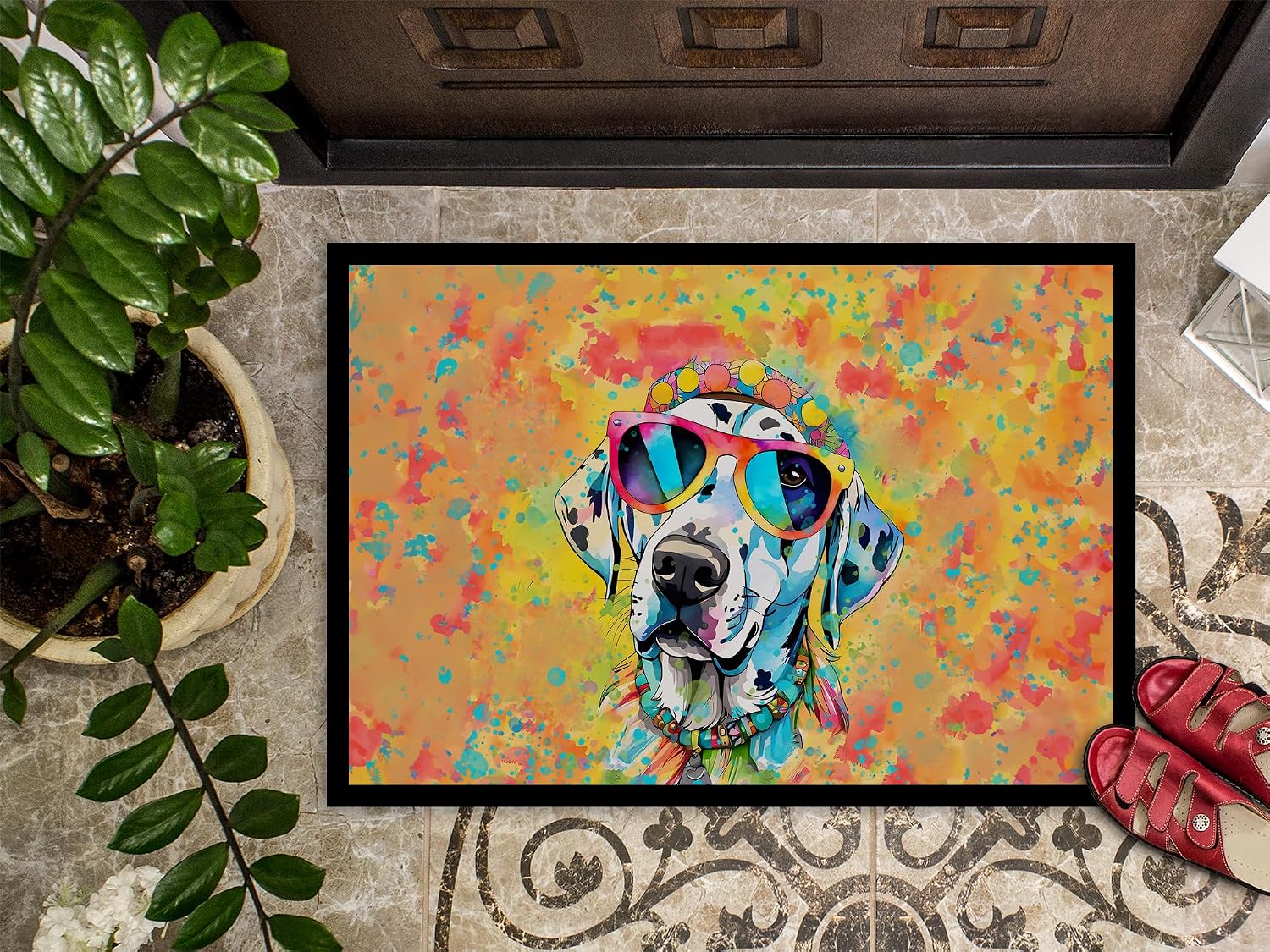 Caroline's Treasures DAC2500JMAT Dalmatian Hippie Dawg Indoor or Outdoor Mat 24x36 Front Door Mat Indoor Outdoor Rugs for Entryway, Non Slip Washable Low Pile, 24H X 36W