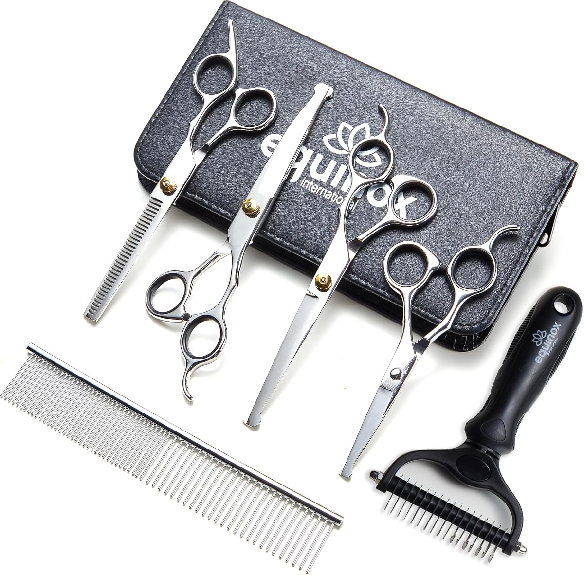 Tijeras y deshedder para el cuidado de perros Equinox - Tijeras para el cuidado de mascotas 7 en 1 | Set con cepillo para el pelaje - Tijeras curvas para perros con puntas de seguridad - Incluye tijeras redondeadas y adelgazantes - Para perros y gatos