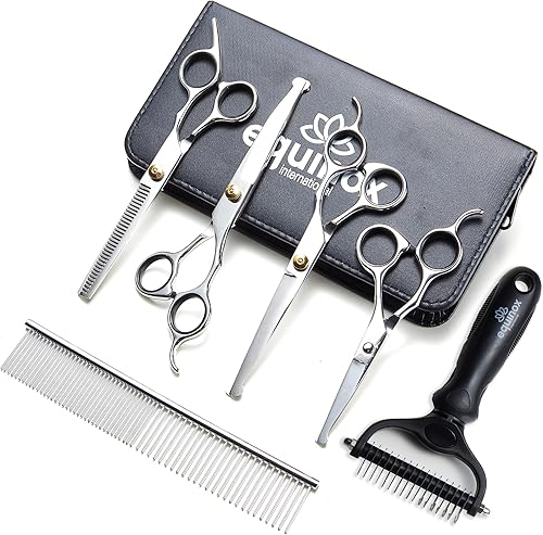 Equinox - Tijeras de aseo para perros y deshedder - Juego de tijeras de aseo para mascotas 7 en 1 con cepillo para la capa interna - Tijeras curvas