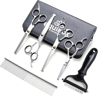Equinox Dog Grooming Scissors & Deshedder - 7 in 1 Pet Grooming Scissors Set with undercoat brush - Curved Dog Scissors with safety tips - Includes Thinning & Rounded Shears - For dogs & cats