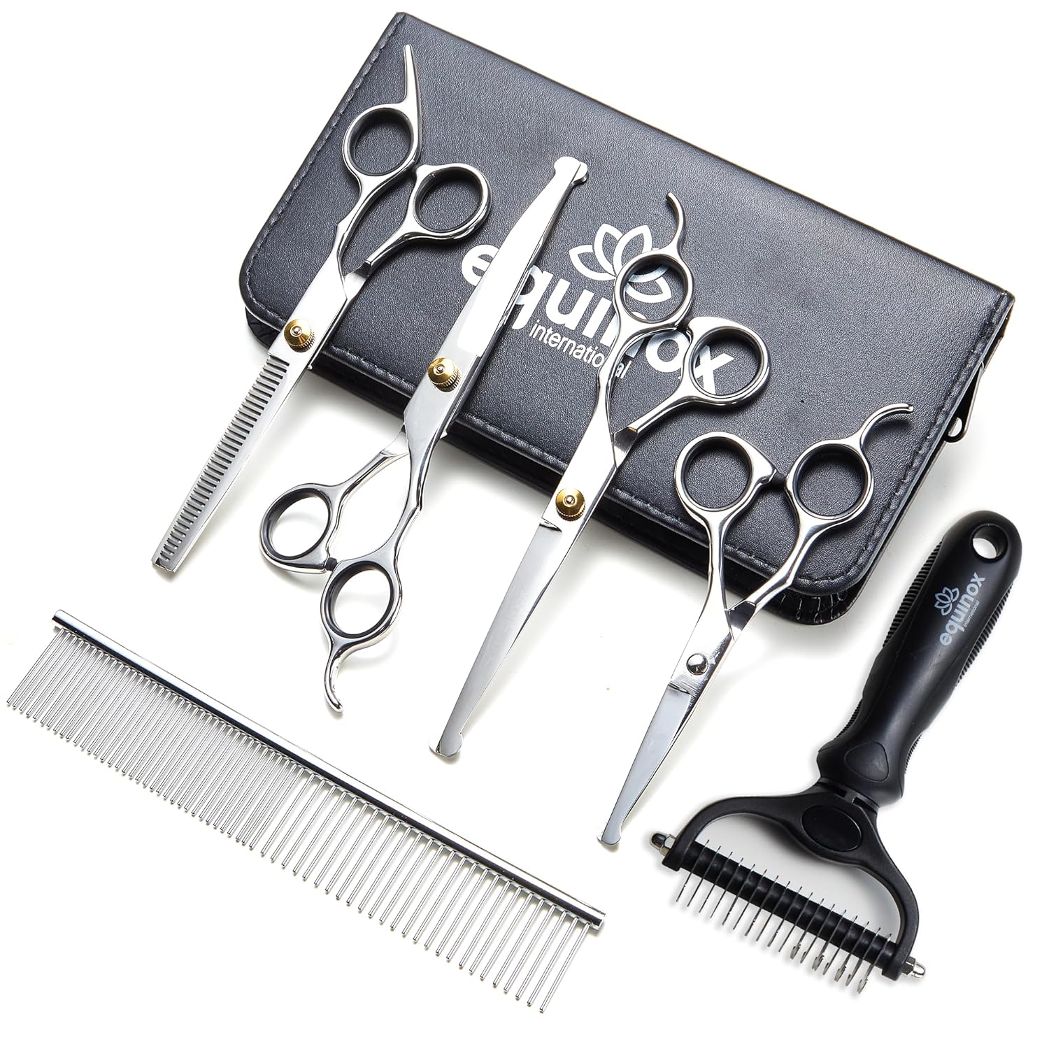 Equinox Dog Grooming Scissors & Deshedder – 7 in 1 Pet Grooming Scissors Set with undercoat brush – Curved Dog Scissors with safety tips – Includes Thinning & Rounded Shears – For dogs & cats