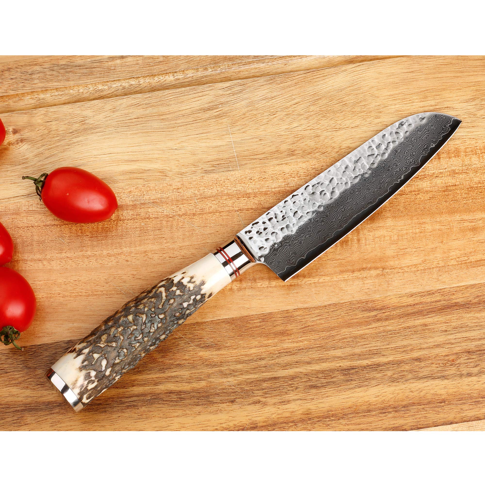 Sunlong Couteaux Santoku 12,7cm Couteaux de chef - Acier damas japonais - Poignée naturelle de cerf