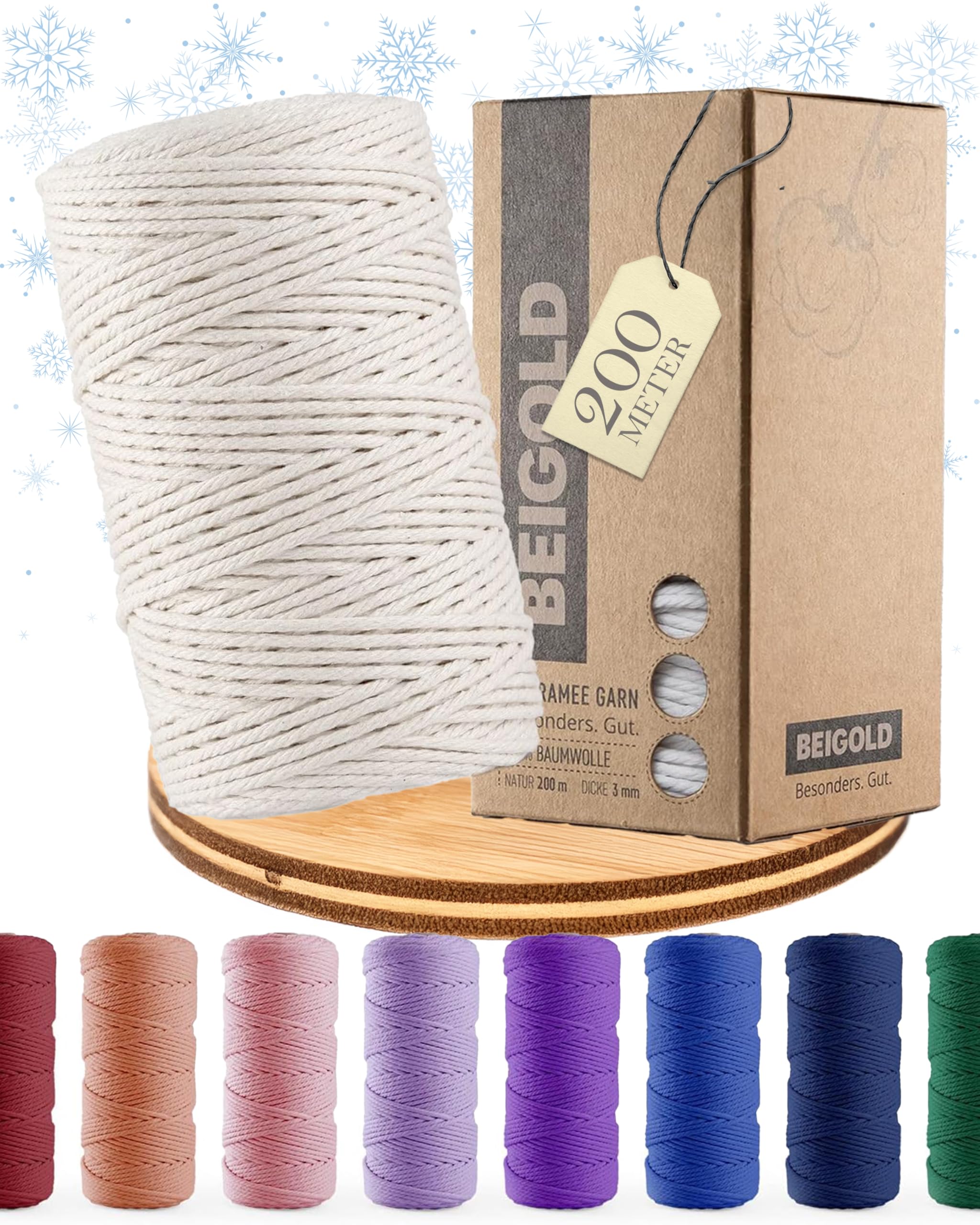 BEIGOLD® Premium Makramee Garn 3mm x 200m - Natur - Baumwollmischgarn zum Knüpfen von Macrame - Rope Garn - Makrameegarn aus Baumwolle für Kunst DIY Handwerk