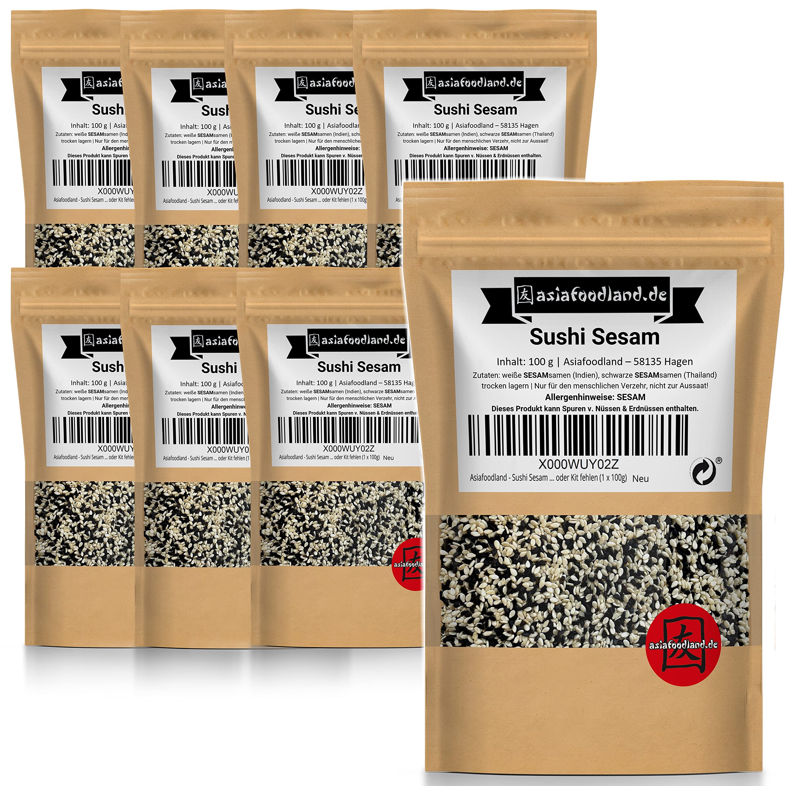 Asiafoodland - Sushi Sesam Mix - weißer und schwarzer Sesam für Inside Out und California Rolls - super als Topping und Deko - darf in keinem Set oder Kit fehlen, 8er Pack (8 x 100 g)