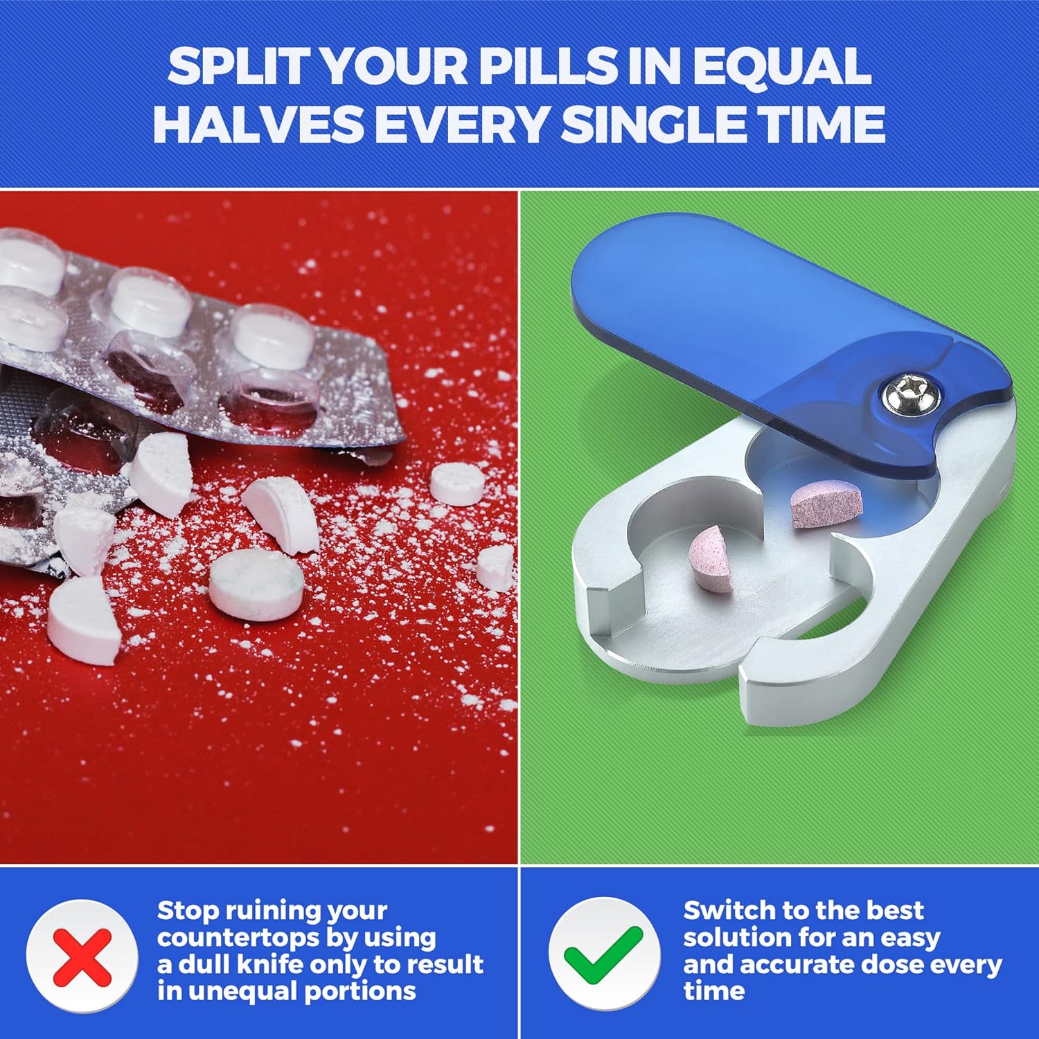 Pill Cutter for Small Pills and Large Pills - Aluminum Pill Splitter and Storage Container - Portable and Compact Pill Slicer Use for All Shapes, Sizes and Medication for Accurately Cutting Half Doses : Health & Household