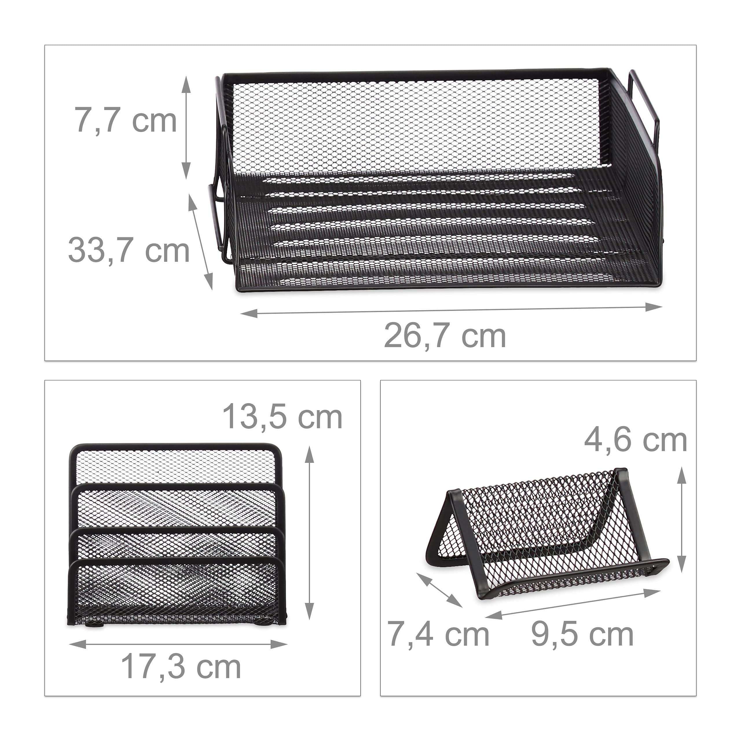 Relaxdays Set 7 fournitures de bureau pot punaises pot crayon bloc notes cartes de visite courrier métal surfaces, noir