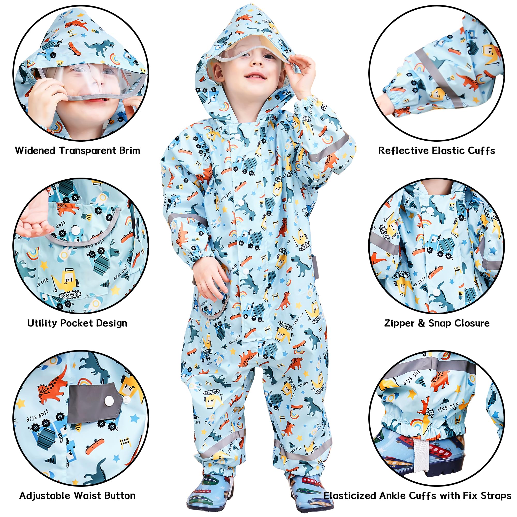 Chubasquero Niño Mono Impermeable Chaquetas Ligero Lindos Traje de Lluvia Plegable Capa de Lluvia con Detalles Reflectantes y Capucha Infantil Bebé 1-9 años