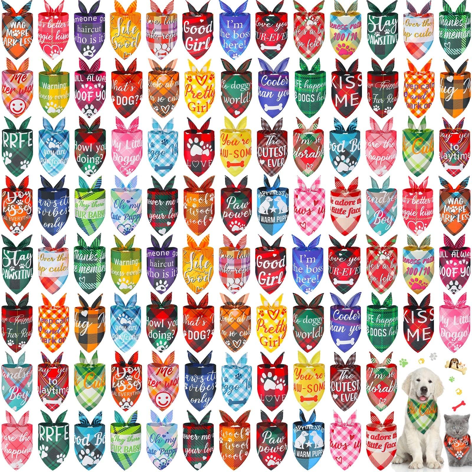 100 Pcs Plaid Dog Bandanas Bulk Paw Print Dog Scarf Bibs Puppy Pet Bandanas with Captions Adjustable Cat Outfit Washable Triangle Scarf Kerchief for Small to Medium