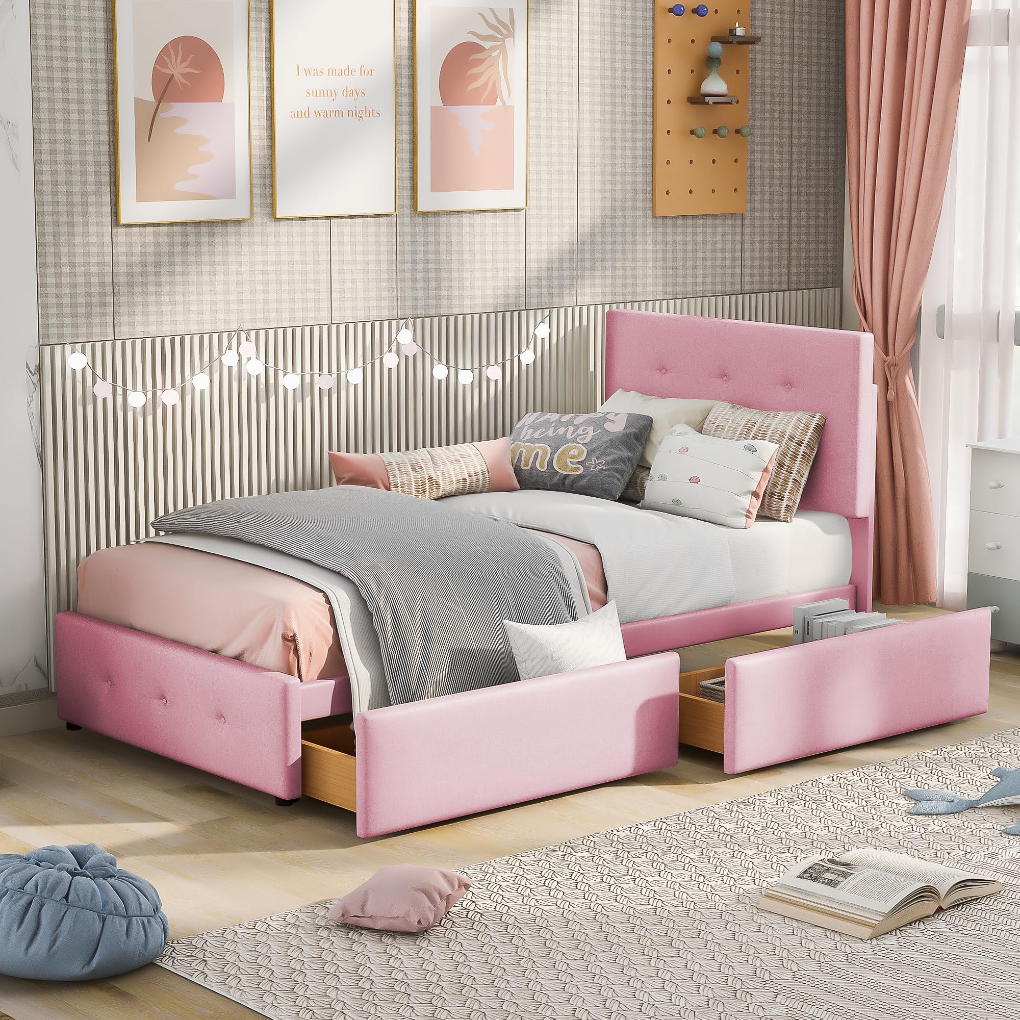 Merax Polsterbett Einzelbett mit 2 Schublade, Bett mit Lattenrost und Rückenlehne, Samtstoff, Kinderbett Jugendbett Gästebett, Stauraumbett, Schlafzimmermöbel, ohne Matratze, 90 x 200 cm, Rosa