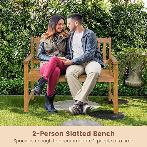 Miniatura 6 de HAPPYGRILL Banco de madera para patio con respaldo ergonómico y reposabrazos, banco para exteriores para 2 personas, marco de madera de acacia para