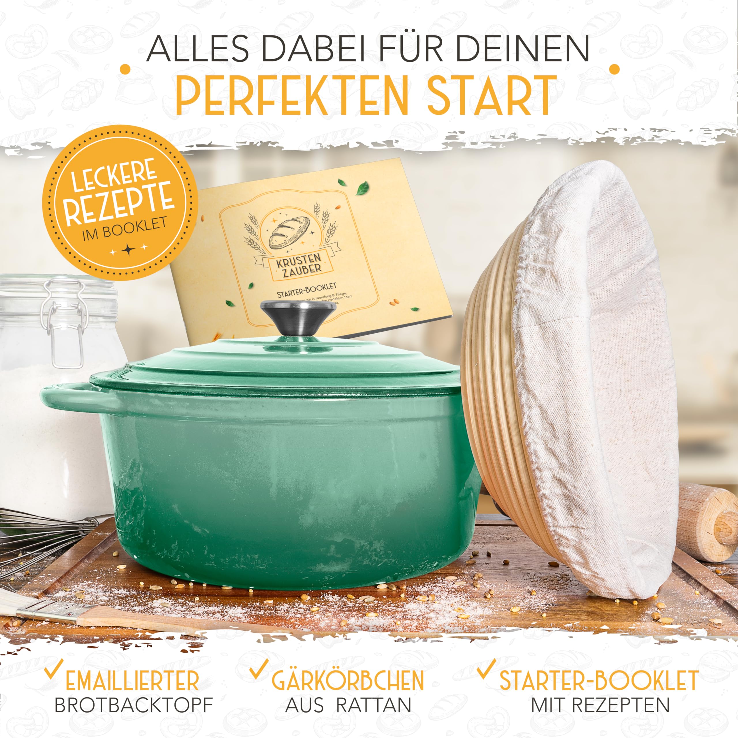 KRUSTENZAUBER Gusseisen Topf Brot backen emailliert inkl. Gärkorb - 26cm Emaille-Topf samt Zubehör - Ideal als Brotbacktopf, Brottopf, Brotbackform mit Deckel, Gusseisentopf Brotbacken, Schmortopf